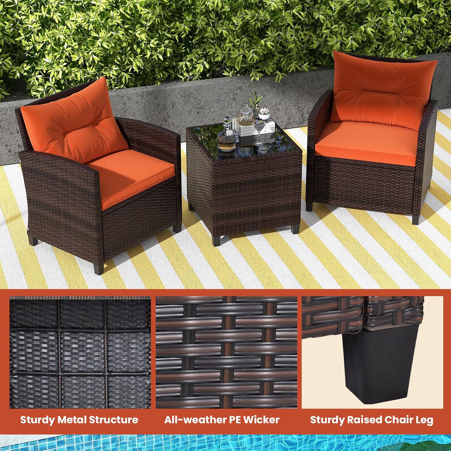 ORALNER 3 Pieces Patio Furniture Set, Outdoor Wicker Conversation Set Rattan Chairs with Cushions, Glass Coffee Table, Bistro Set for Front Porch Balcony Garden Deck Poolside (Orange)