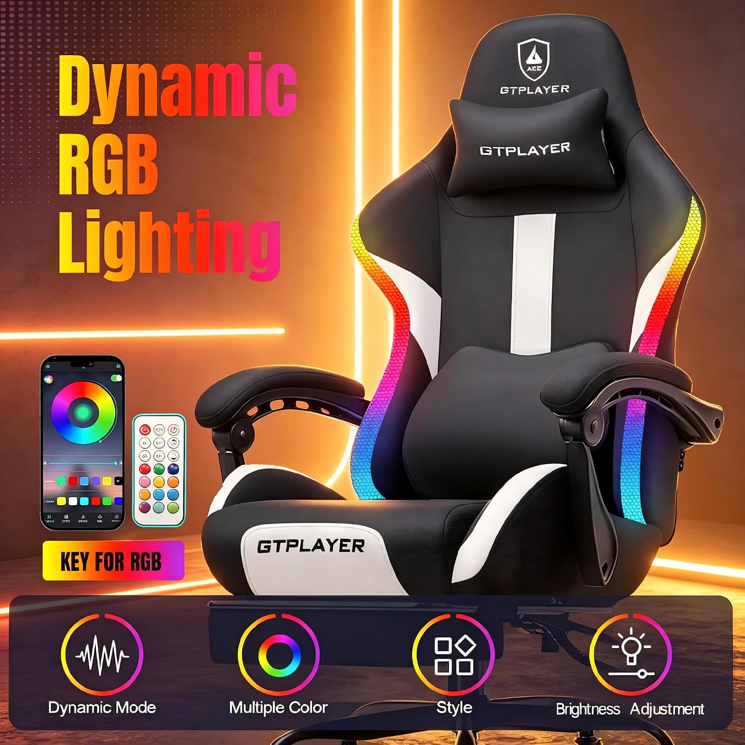 GTPLAYER RGB Gaming Chair with Footrest, LED Lights, Ergonomic Computer Chair with Linkage Armrest, Breathable Fabric for Home Office Desk - Video Game Chairs for Adults, Dim RGB
