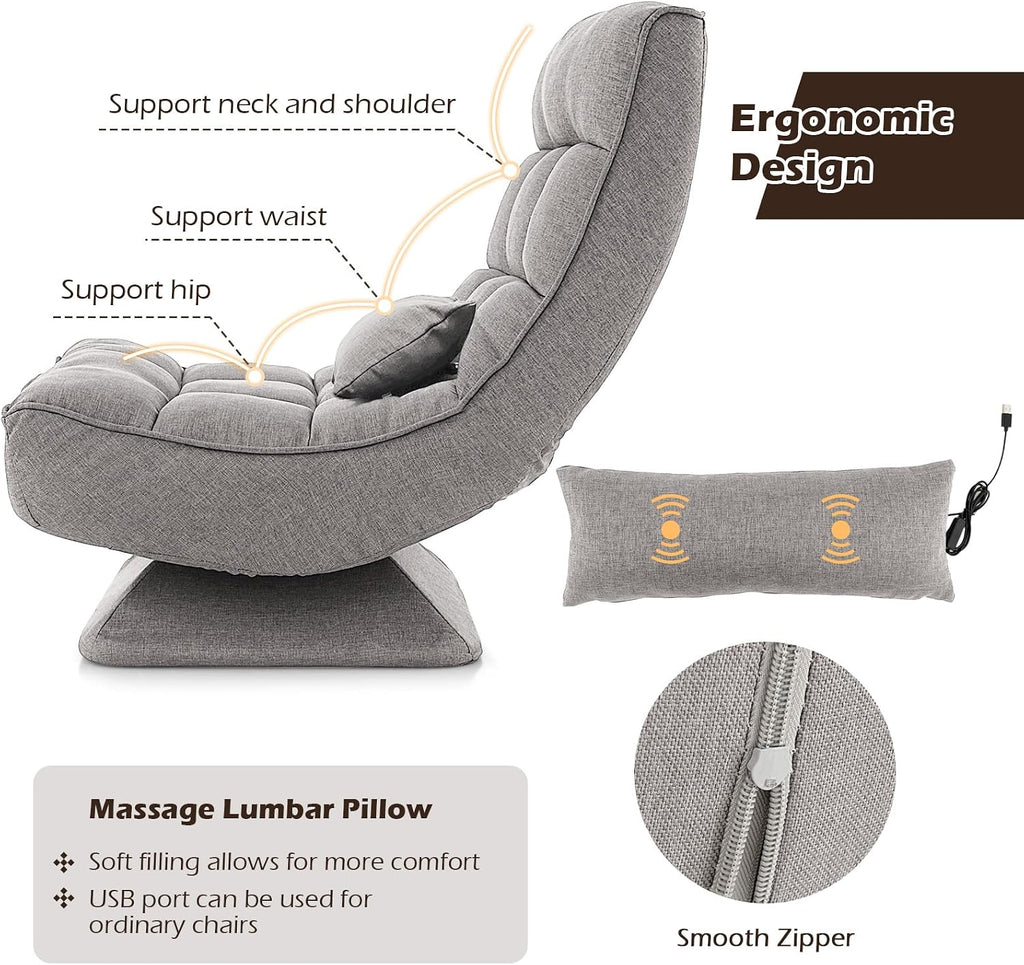 Giantex Adjustable Swivel Floor Chair - 5 Position Video Game Chair with Swivel Base, Steel Frame, Massage Lumbar Pillow, Foldable Lazy Sofa Lounger for Adults Teens, Meditating, No Assembly (Gray)