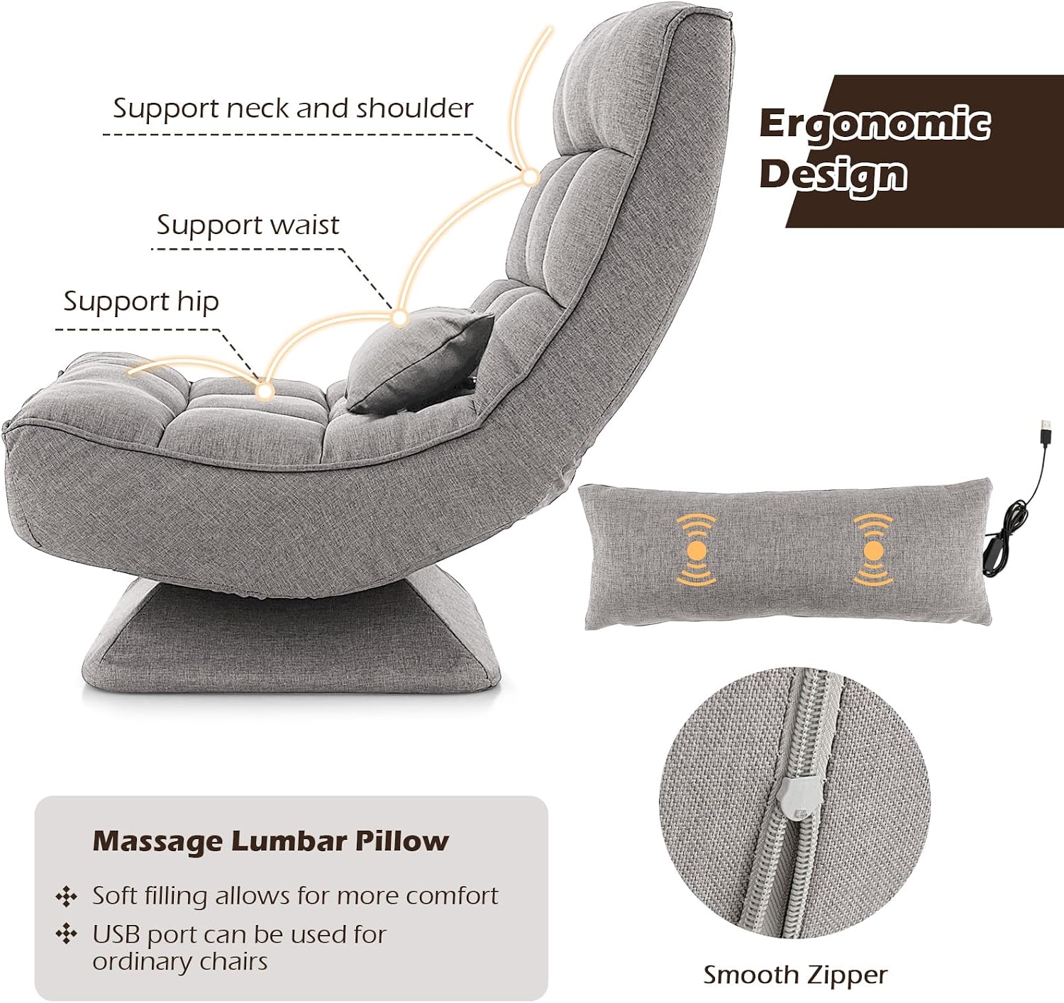Giantex Adjustable Swivel Floor Chair - 5 Position Video Game Chair with Swivel Base, Steel Frame, Massage Lumbar Pillow, Foldable Lazy Sofa Lounger for Adults Teens, Meditating, No Assembly (Gray)