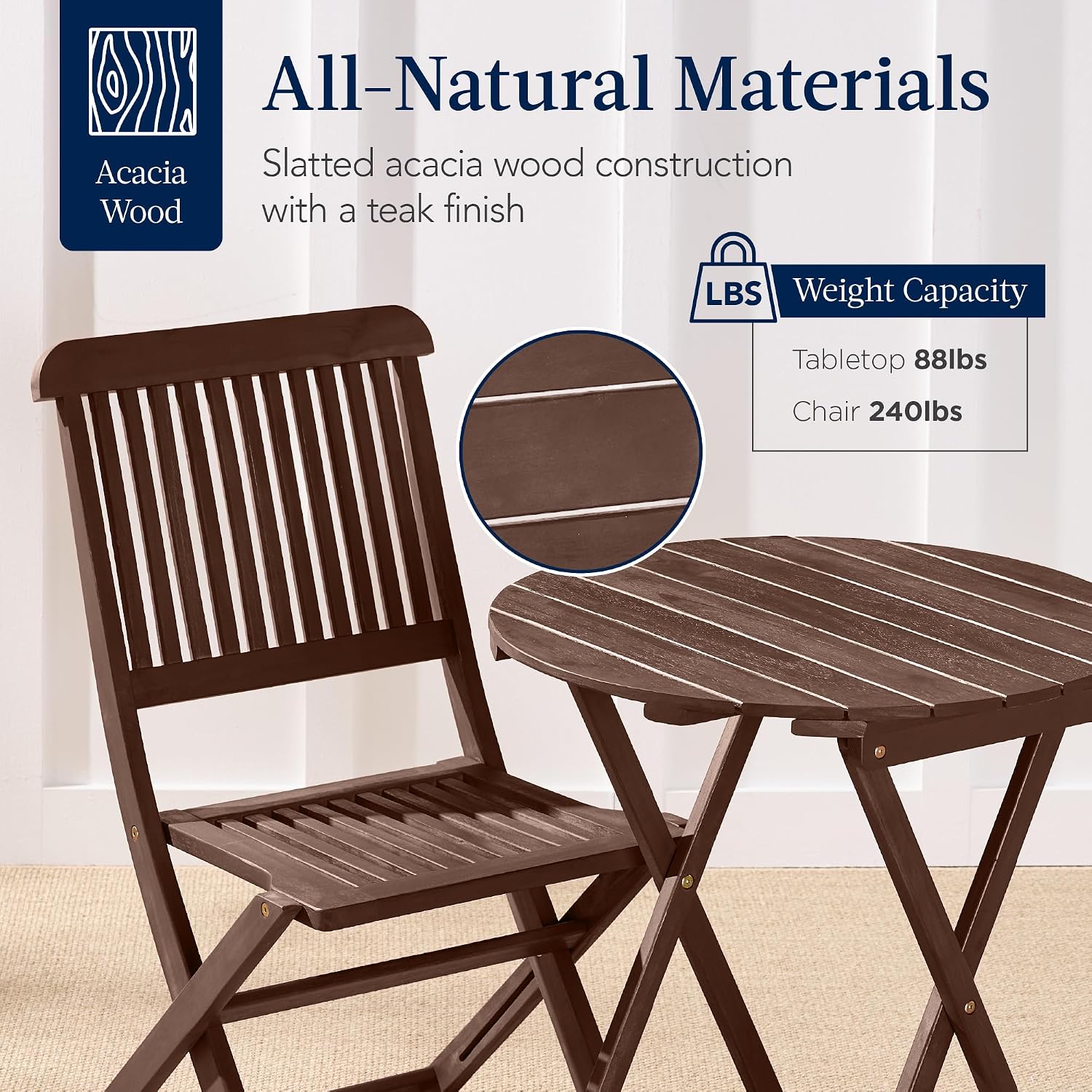 Best Choice Products 3-Piece Acacia Wood Bistro Set, Folding Patio Furniture for Backyard, Balcony, Deck w/ 2 Chairs, Round Coffee Table, Teak Finish - Brown