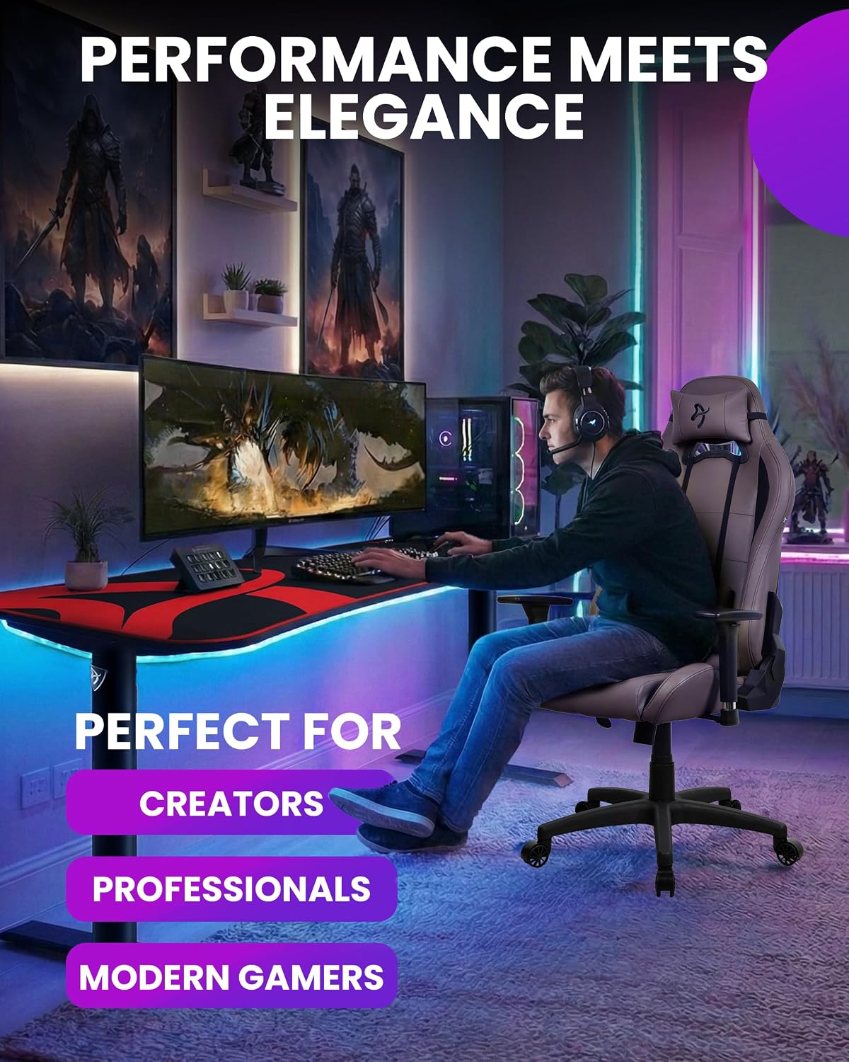 Arozzi Torretta Gaming Chair - Soft PU Ergonomic Gaming Chair for Adults Adjustable Backrest with Neck & Lumbar Pillows - Swedish Design Home Office Setup Professional Computer Chairs, Brown