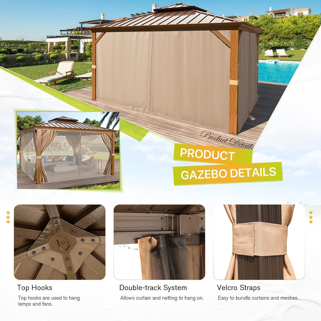MELLCOM 12'x12' Hardtop Gazebo, Wood Grain Aluminum Frame Outdoor Gazebo with Double Galvanized Steel Roof, Permanent Metal Pavilion with Curtains and Nettings for Patio, Backyard, Deck and Lawns