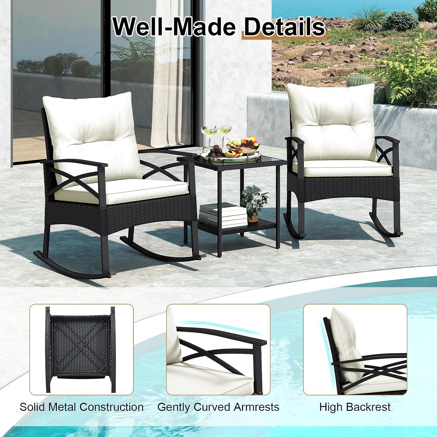 Tangkula 3 Pieces Outdoor Rocking Chairs Set, Rattan Heavy Duty Cushioned Rocker Chairs with 2-Tier Tempered Glass Coffee Table, for Garden, Balcony, Backyard (Black+Beige)