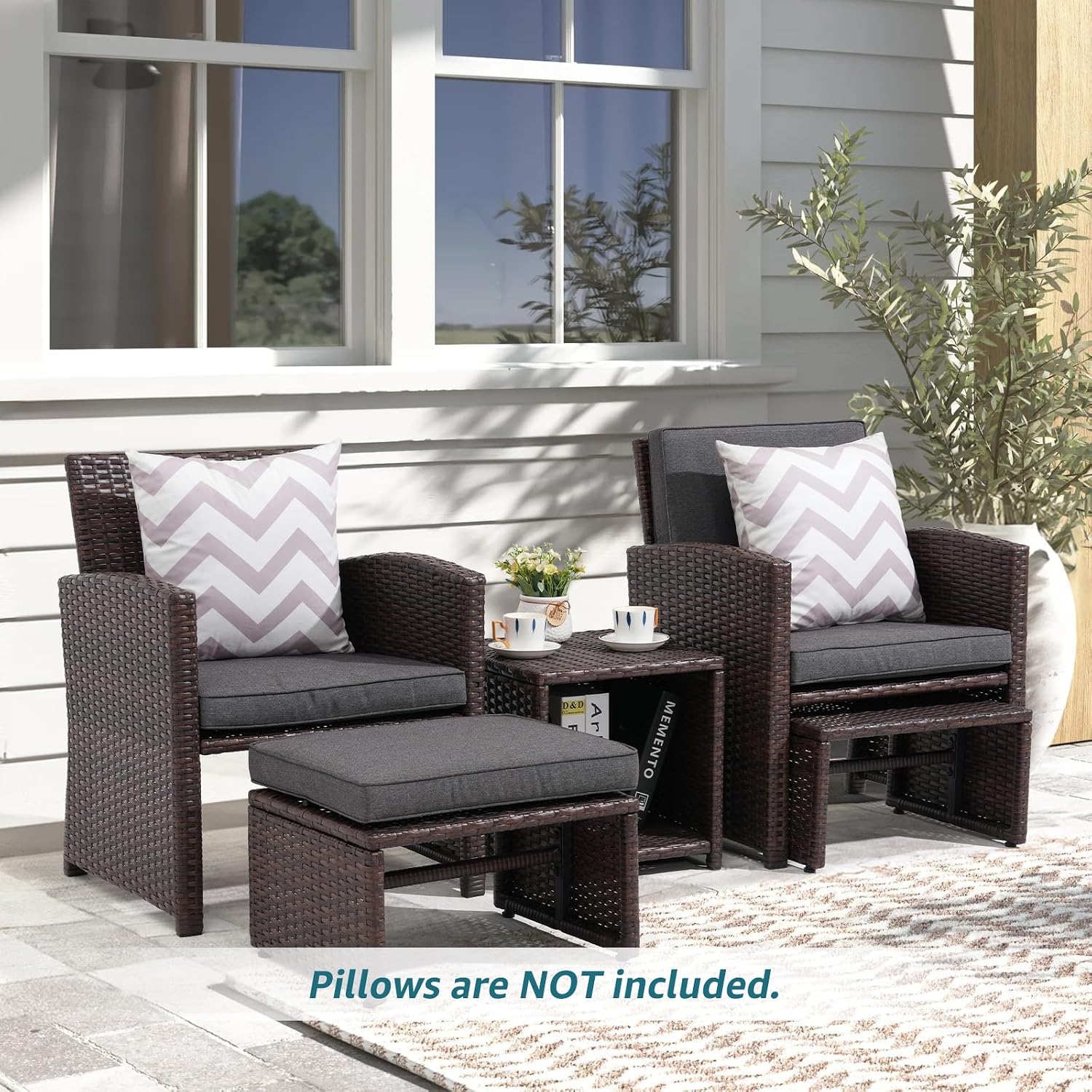 OC Orange-Casual 5 Pcs Patio Conversation Set Balcony Furniture Set with Cushions, Brown Wicker Chair with Ottoman, Storage Table for Backyard, Garden, Porch, Dark Grey