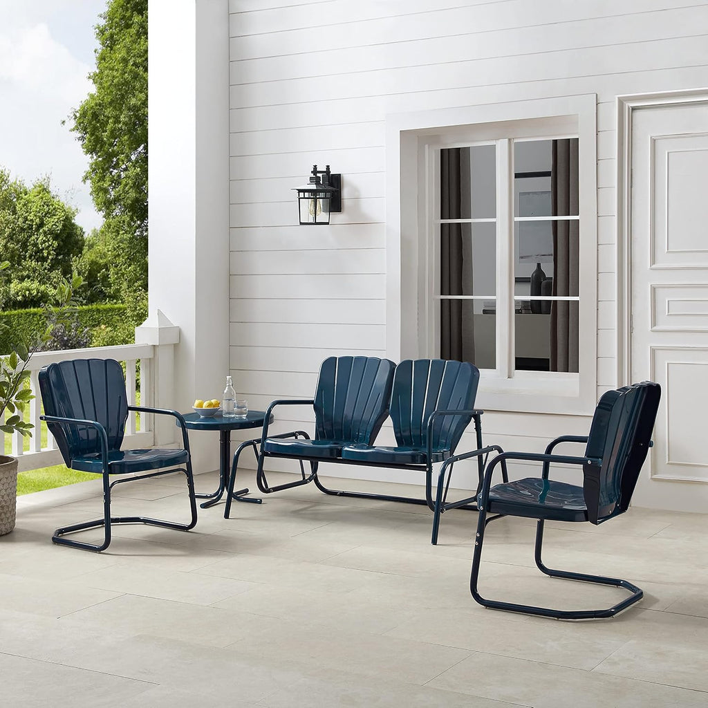 Crosley Furniture Ridgeland 4-Piece Retro Metal Outdoor Loveseat Glider Patio Furniture Set for Porch, Deck, Navy Gloss