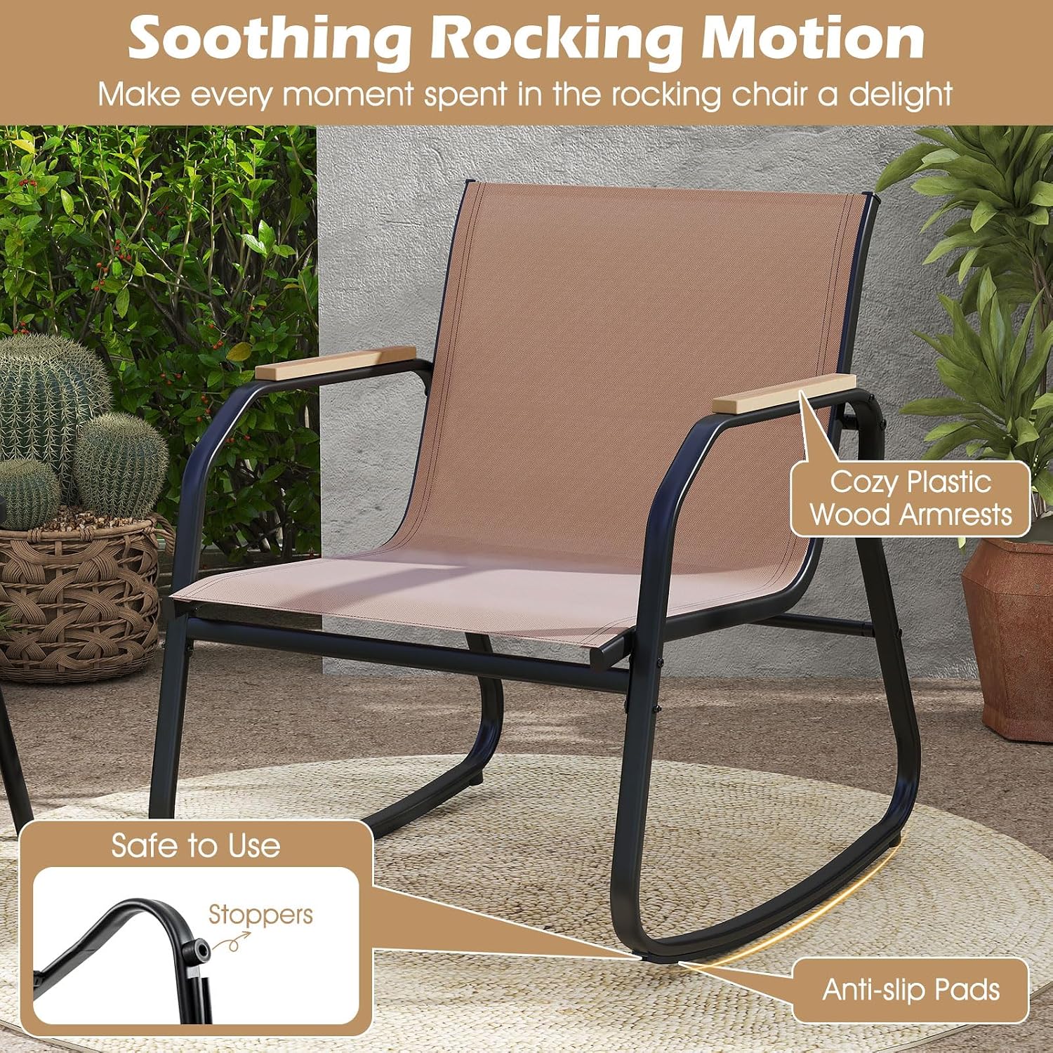 Tangkula 4 Pieces Patio Furniture Set with 2 Rocking Bistro Chairs, Outdoor Conversation Set with 2-Tier Coffee Table and Breathable Fabric Chairs for Porch, Garden, Lawn and Backyard (Brown)