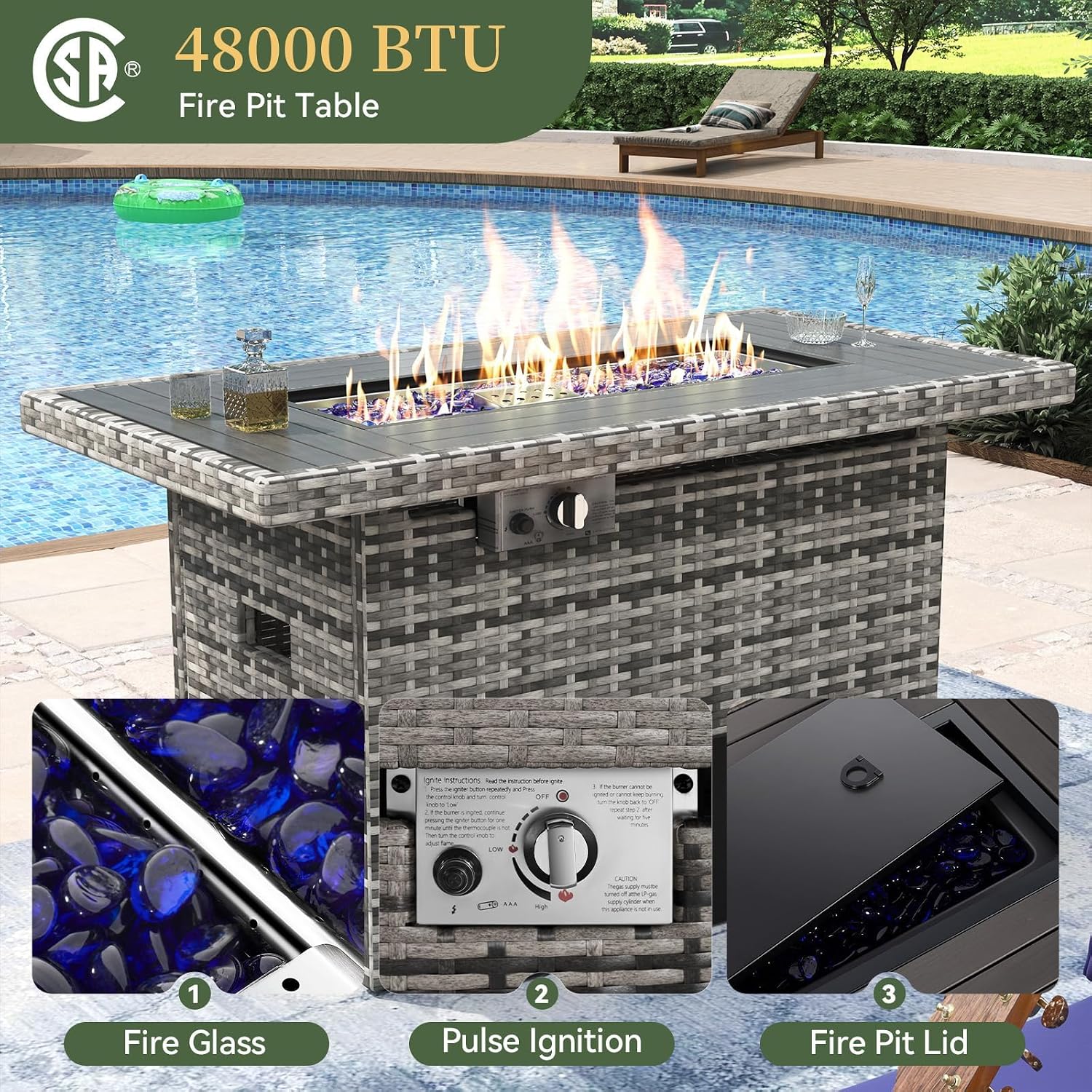 Aoxun 8 Piece Patio Furniture Set with 44'' Fire Pit Table Wicker Rattan Patio Conversation Set Outdoor Sectional Sofa Set with Coffee Table, Grey/Black (Waterproof Cover Included)