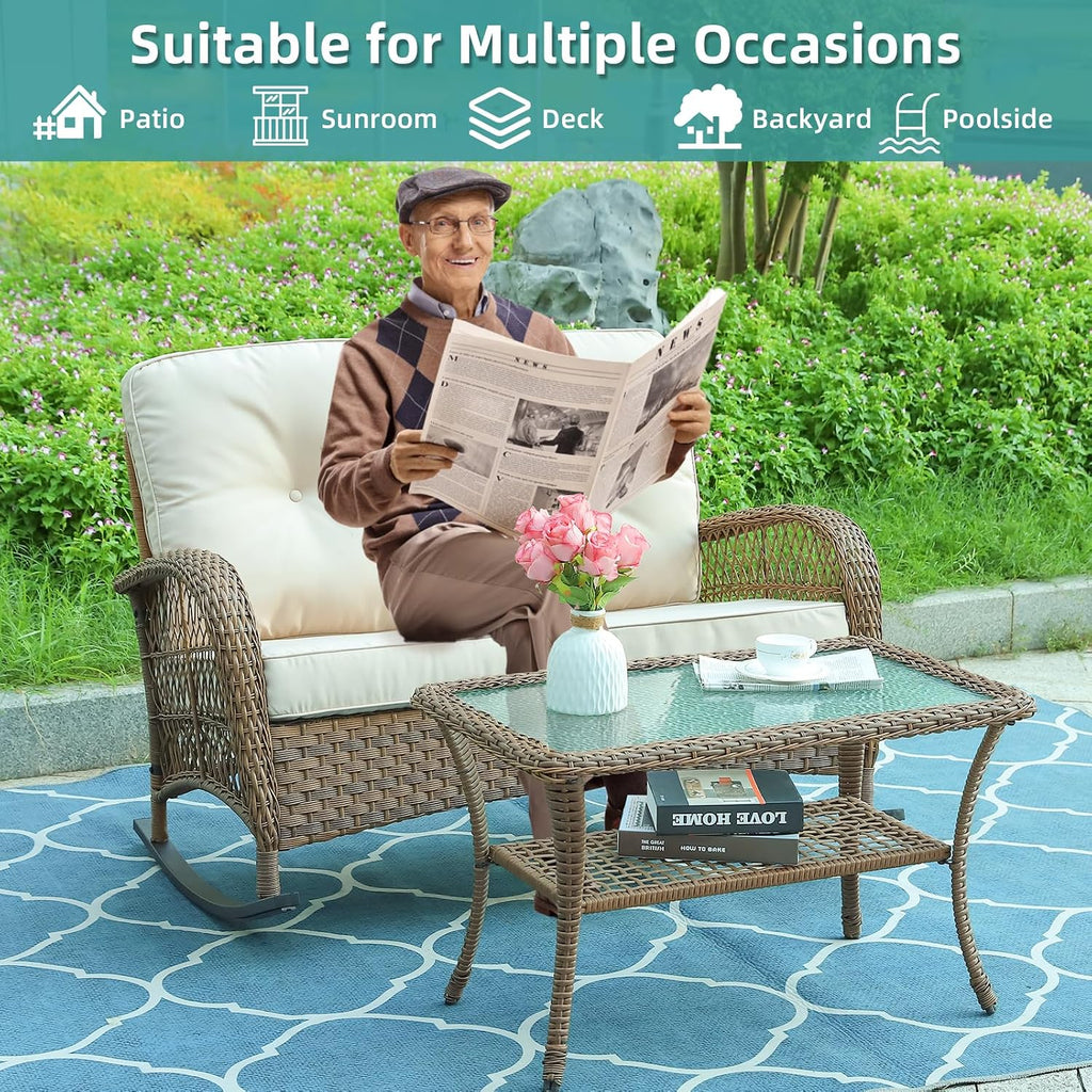 MEETWARM Outdoor Wicker Loveseat Rocking Chair, Loveseat for 2 Person Porch Furniture Rocker with Glass-Top Coffee Table, All-Weather Rattan Patio Rocking Bench with Thickened Cushions, Brown