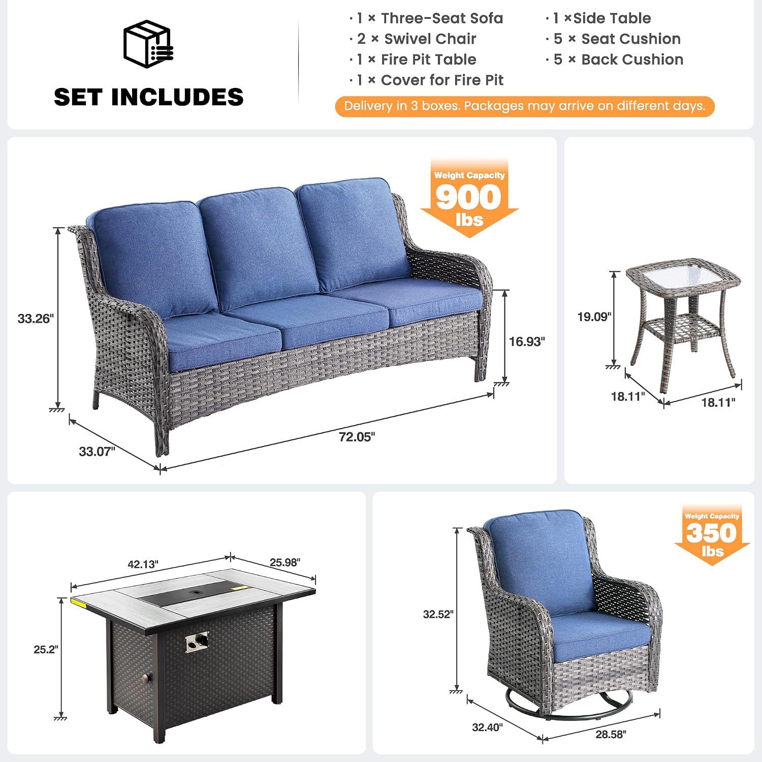 ovios 5-Piece Patio Furniture Set with Swivel Chairs Side Table, Outdoor Wicker Sofa with 42' Fire Pit Table, High Back Couch Modern Conversation Sets, Grey/Denim Blue