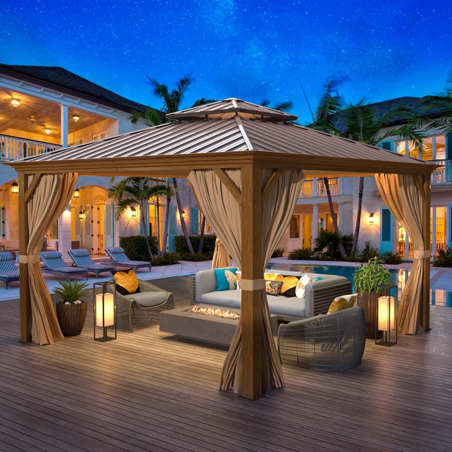 MELLCOM 12'x12' Hardtop Gazebo, Wood Grain Aluminum Frame Outdoor Gazebo with Double Galvanized Steel Roof, Permanent Metal Pavilion with Curtains and Nettings for Patio, Backyard, Deck and Lawns