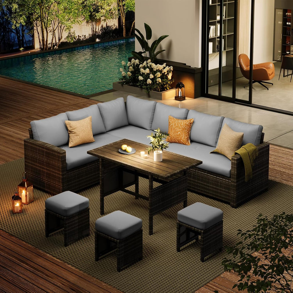 AECOJOY Outdoor Patio Furniture Set with Waterproof Cover, 7 Pieces Clearance Sectional Rattan Dining Table&Chairs, All Weather Wicker Conversation Sofa Couch, Grey Cushions&Grey Rattan