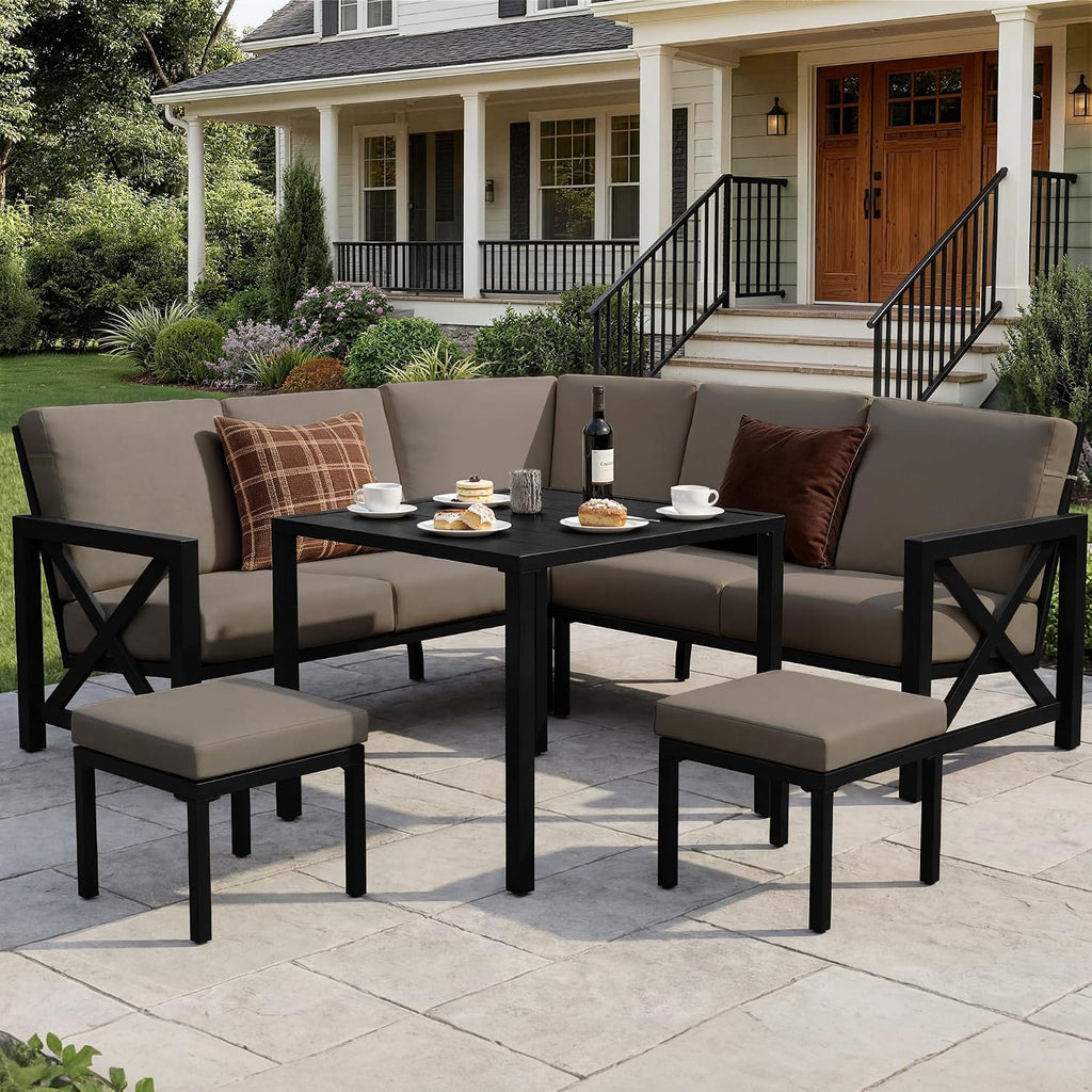 NATURAL EXPRESSIONS 8 Pieces Patio Furniture Sets,Metal Outdoor Sectional Couch L Shape Conversation Set,Highback Patio Sofa Set with Dining Table,2 Ottomans,Large Waterproof Cover, 6.5' Cushion Shale