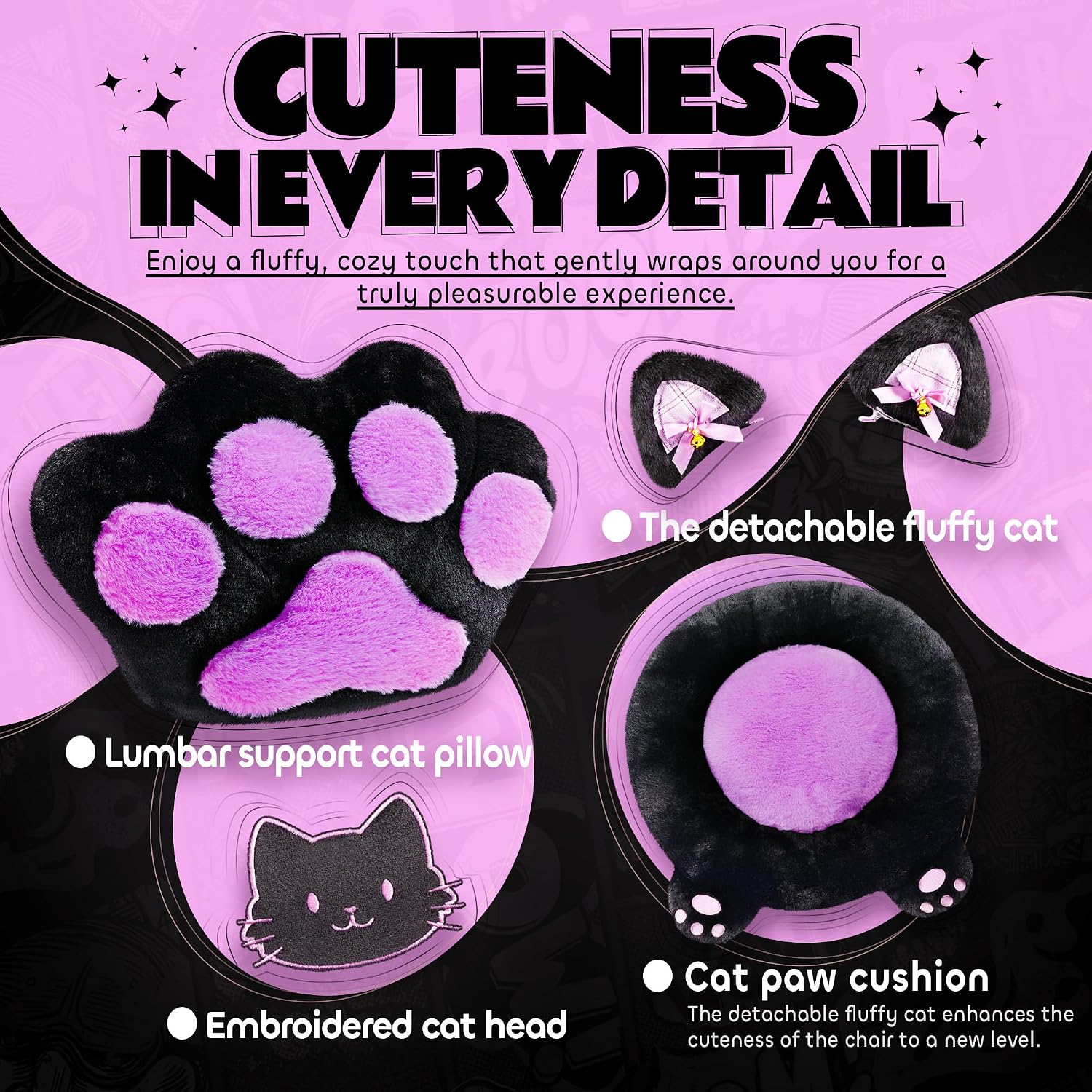 Pink Gaming Chair Cute with Cat Ears Paw Lumbar and Cushion,Ergonomic Computer Chair with Footrest,Reclining PC Game Chair for Girl Computer Chair 300lbs for Adult, Black and Purple