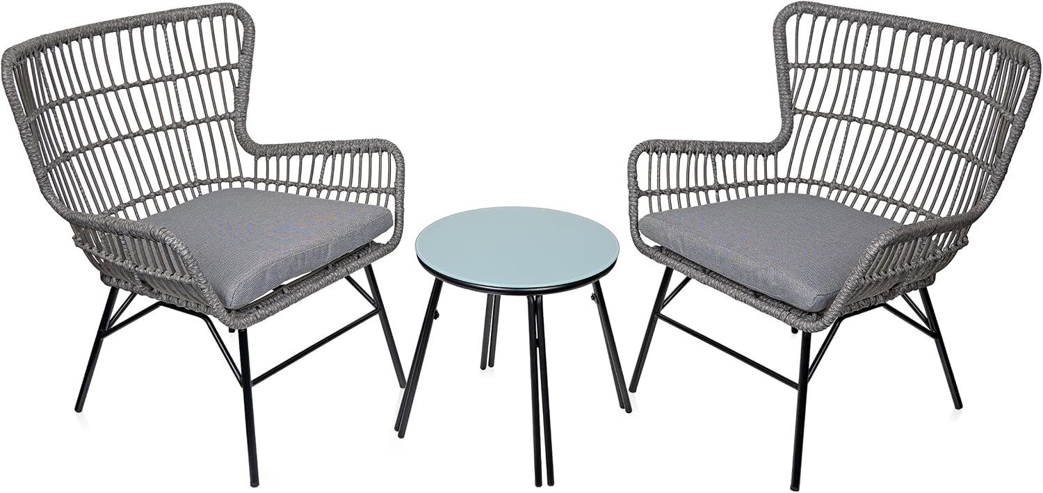 Alpine Corporation Patio Furniture 3 Pieces Outdoor Resin Wicker Conversation with Cushions Bistro Set for Patio & Deck, Gray