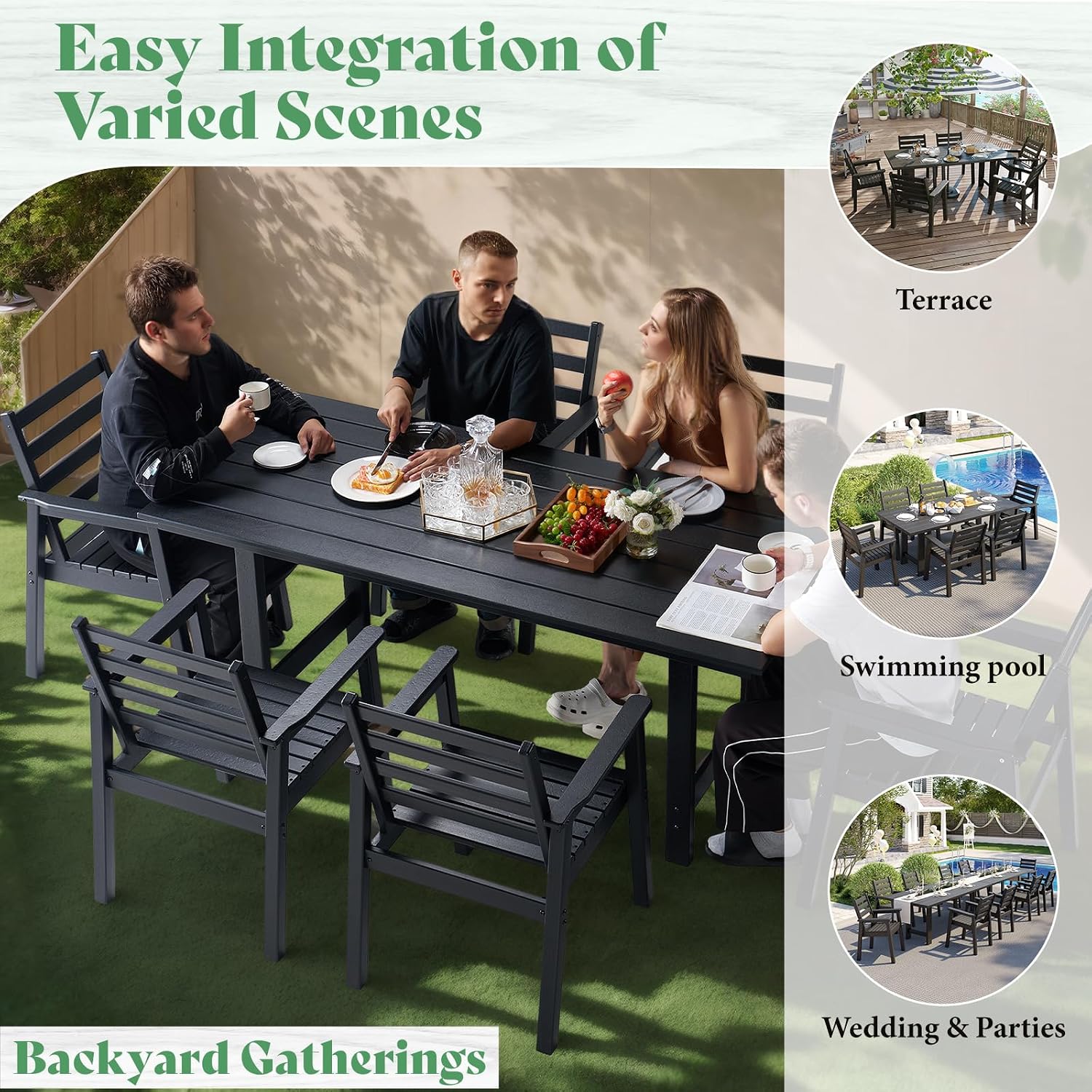 AMERLIFE 7-Piece HDPE Outdoor Dining Table Set with 6 Chairs, 71' L Patio Dining Furniture Set with Umbrella Hole, Modern Dinner Table & Chairs Set for Garden, Backyard, Poolside, Black