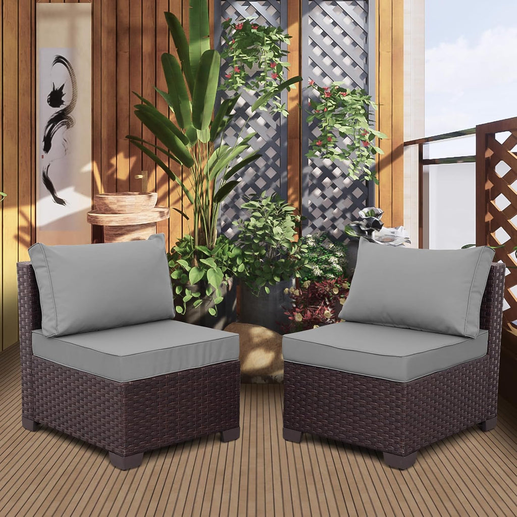 WAROOM Patio Furniture Set of 2 Resin Wicker Chairs, Outdoor Deep Seating Single Chair Brown Rattan Sofa with Grey Cushion
