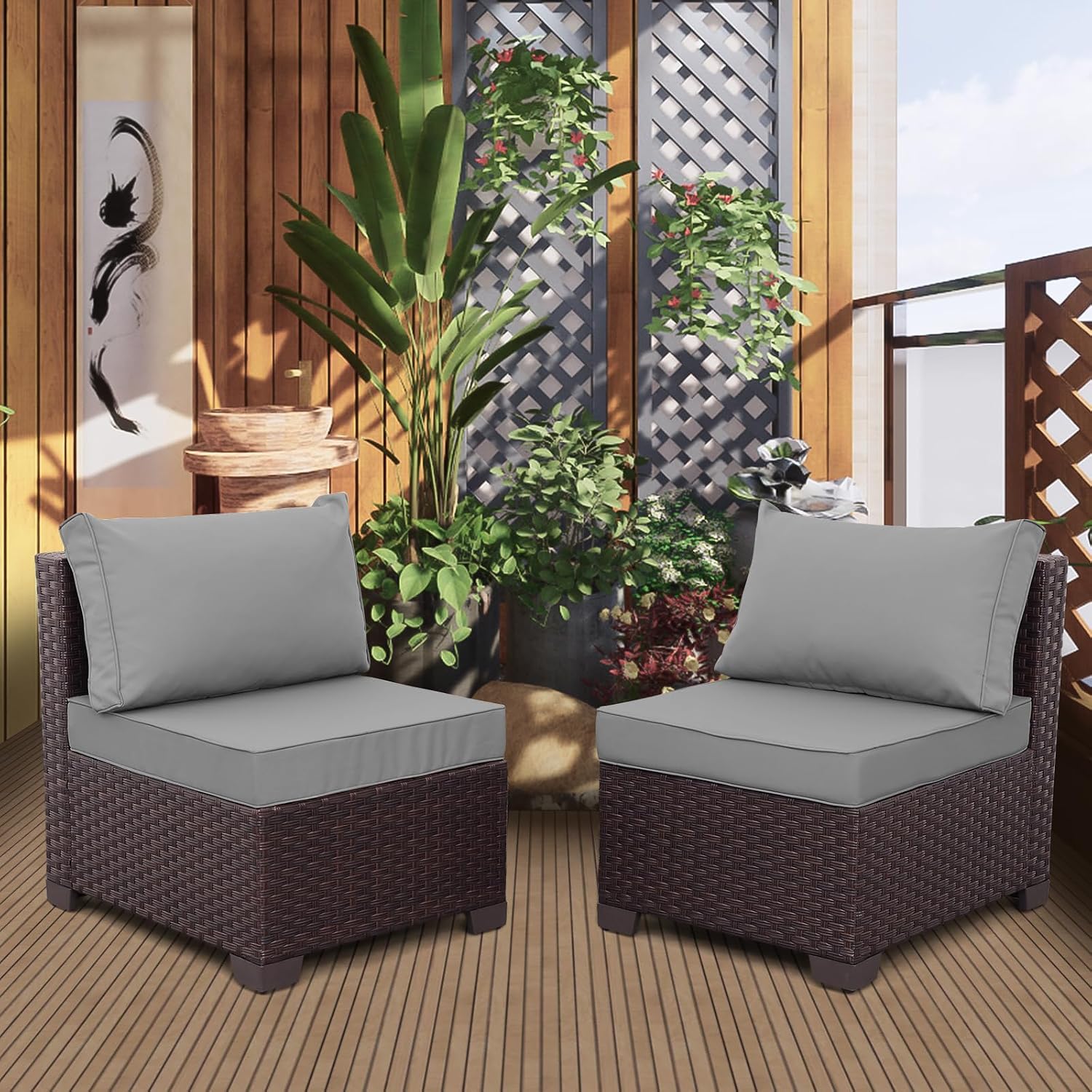 WAROOM Patio Furniture Set of 2 Resin Wicker Chairs, Outdoor Deep Seating Single Chair Brown Rattan Sofa with Grey Cushion