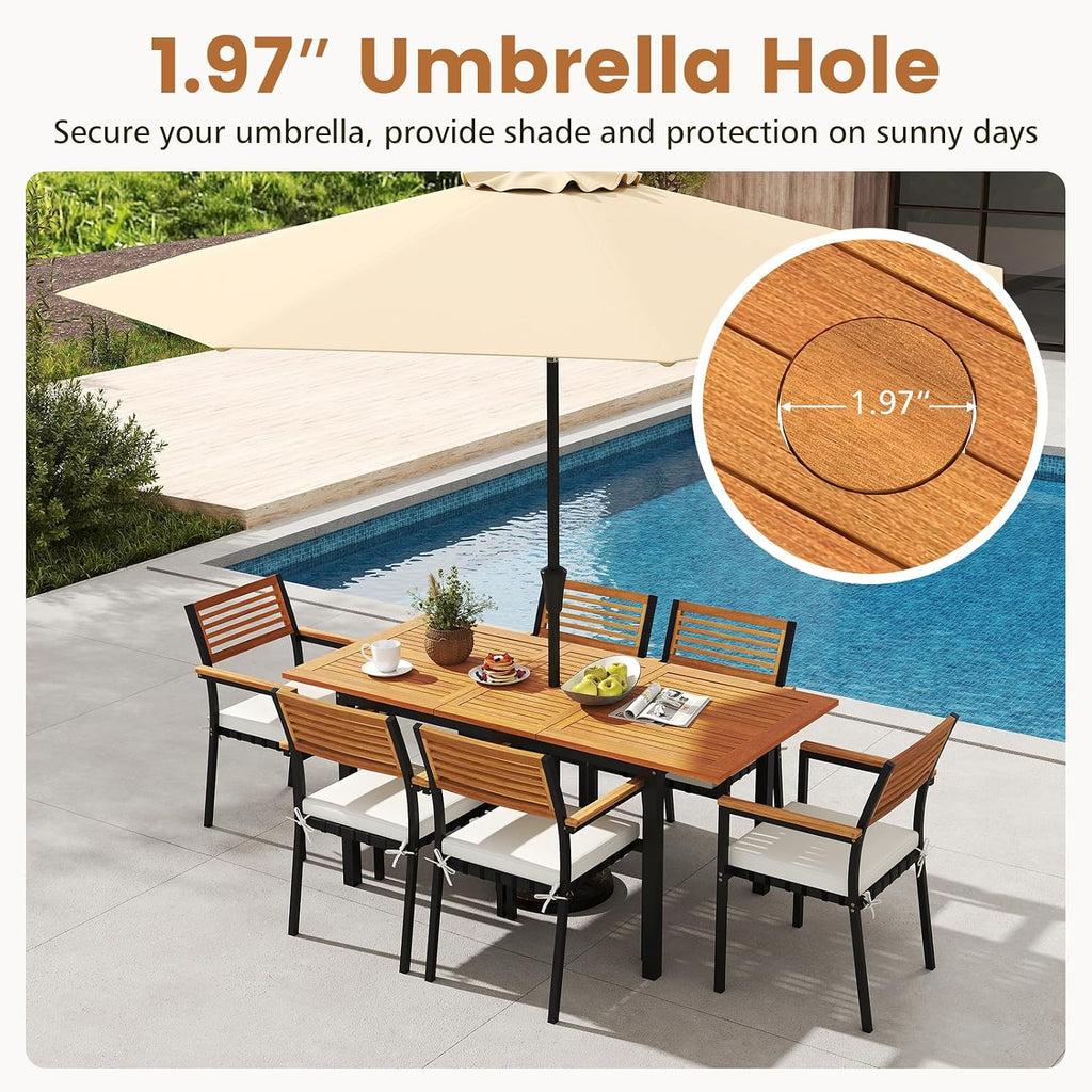 Tangkula 7 Piece Patio Dining Set, Outdoor Acacia Wood Cushioned Chairs and 51'-64' Expandable Rectangular Table Set, with Umbrella Hole, 6 Stackable Armchairs, for Poolside Garden (Off White)