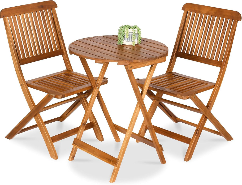 Best Choice Products 3-Piece Acacia Wood Bistro Set, Folding Patio Furniture for Backyard, Balcony, Deck w/ 2 Chairs, Round Coffee Table, Teak Finish - Natural
