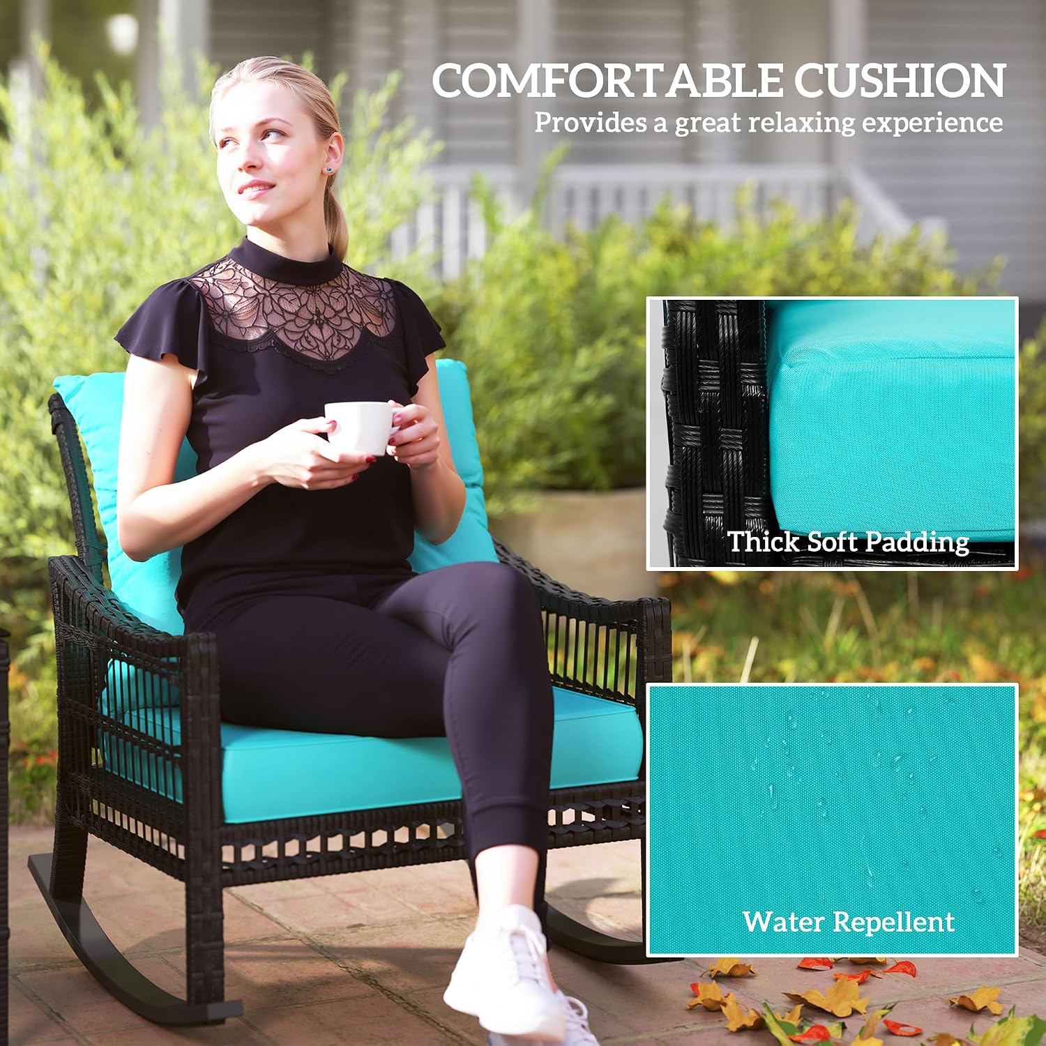 Outsunny Wicker Outdoor Rocking Chair Set, 3 Piece Patio Furniture Set with Padded Cushions and Storage Coffee Table, 2-Seater PE Rattan Bistro Set for Garden Backyard Porch, Turquoise