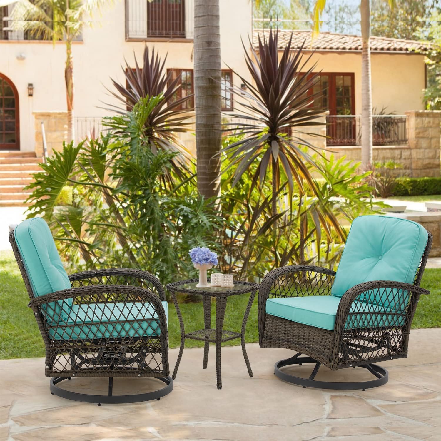 EROMMY 3 Pieces Outdoor Swivel Rocker Patio Chairs, 360 Degree Rocking Patio Conversation Set with Thickened Cushions and Glass Coffee Table for Backyard, Blue