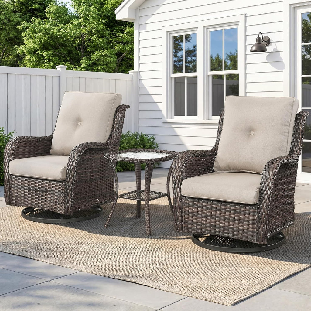 Belord Patio Wicker Chairs Swivel Rocker,Outdoor Patio Furniture Set with Rattan Side Table, All Weather Conversation Set for Porch Poolside Balcony, Brown Wicker/Beige