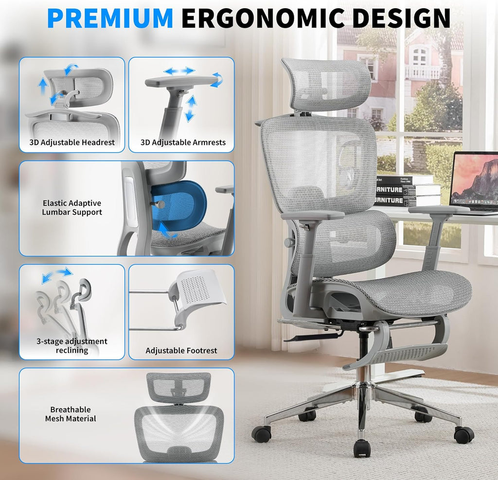Mesh Ergonomic Office Chair with Footrest, High Back Mesh Gaming Chair with Lumbar Support, Adjustable Headrest and Armrests for Home Office Desk Chair (Modern, Grey)