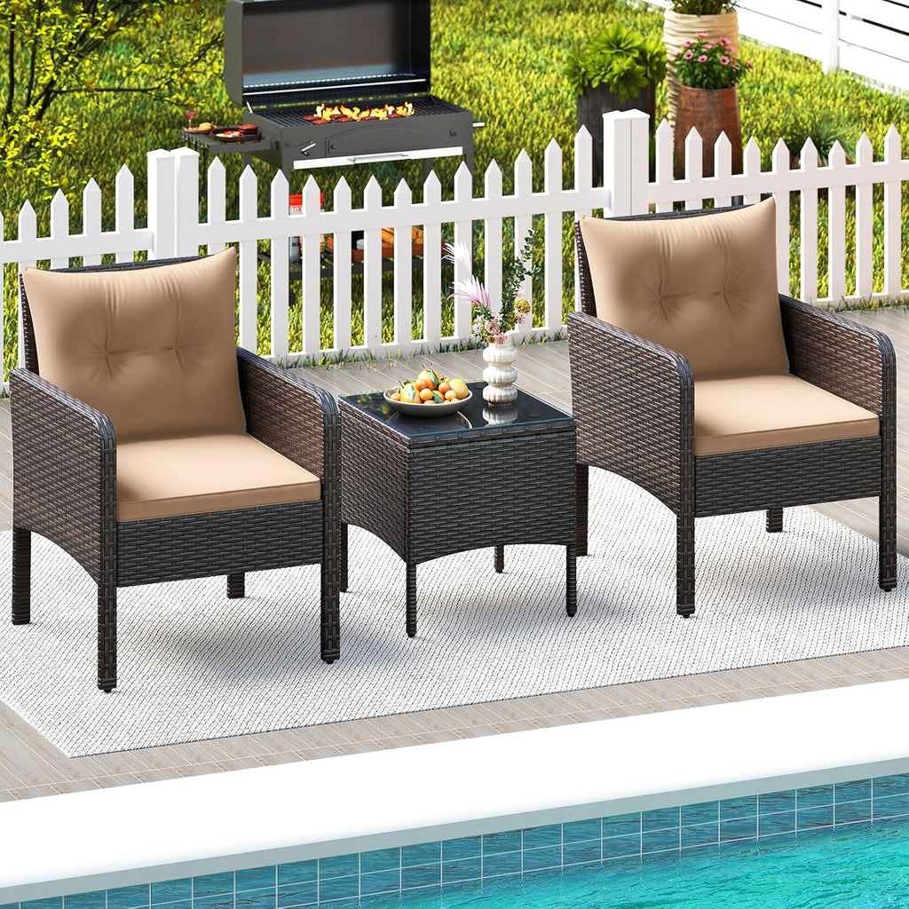HAPPYGRILL 3 Piece Patio Bistro Set Rattan Wicker Outdoor Conversation Set with Cushions and Coffee Table, Outside Furniture with Rattan Chairs for Porch, Balcony, Deck and Garden (Beige)