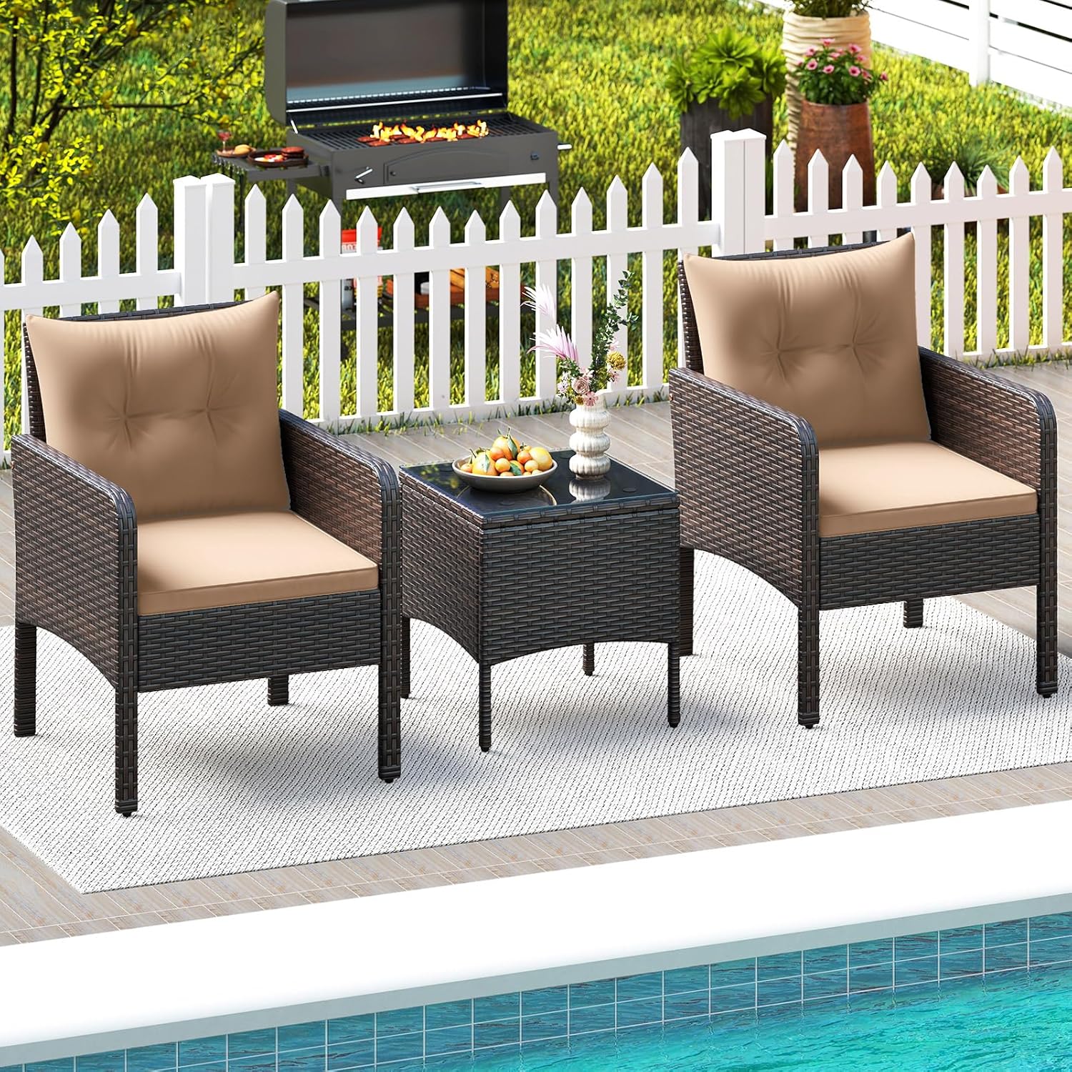 HAPPYGRILL 3 Piece Patio Bistro Set Rattan Wicker Outdoor Conversation Set with Cushions and Coffee Table, Outside Furniture with Rattan Chairs for Porch, Balcony, Deck and Garden (Beige)