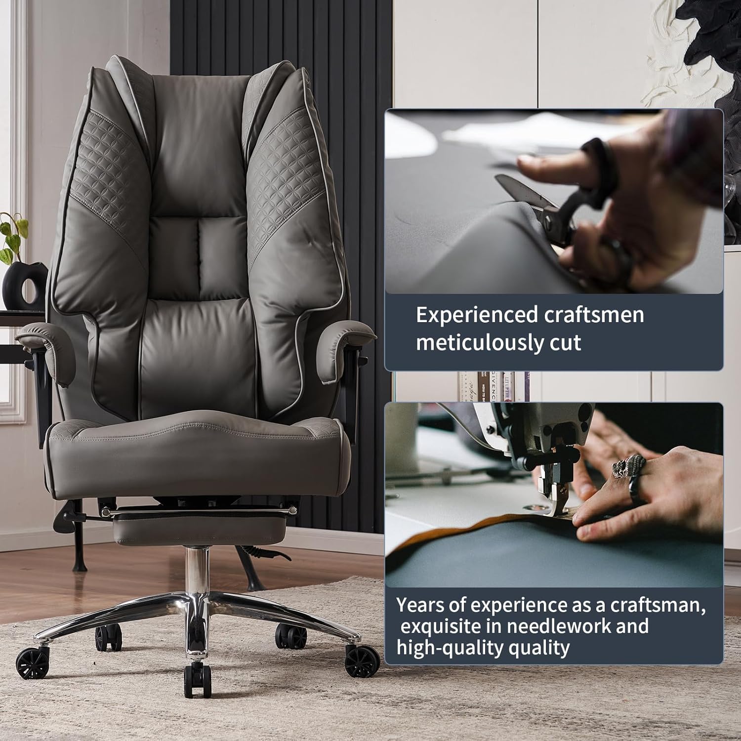 EXCEBET Big and Tall Office Chair 400lbs Wide Seat, Leather High Back Executive Office Chair with Foot Rest, Ergonomic Chairs Lumbar Support for Lower Back Pain Relief (Grey)