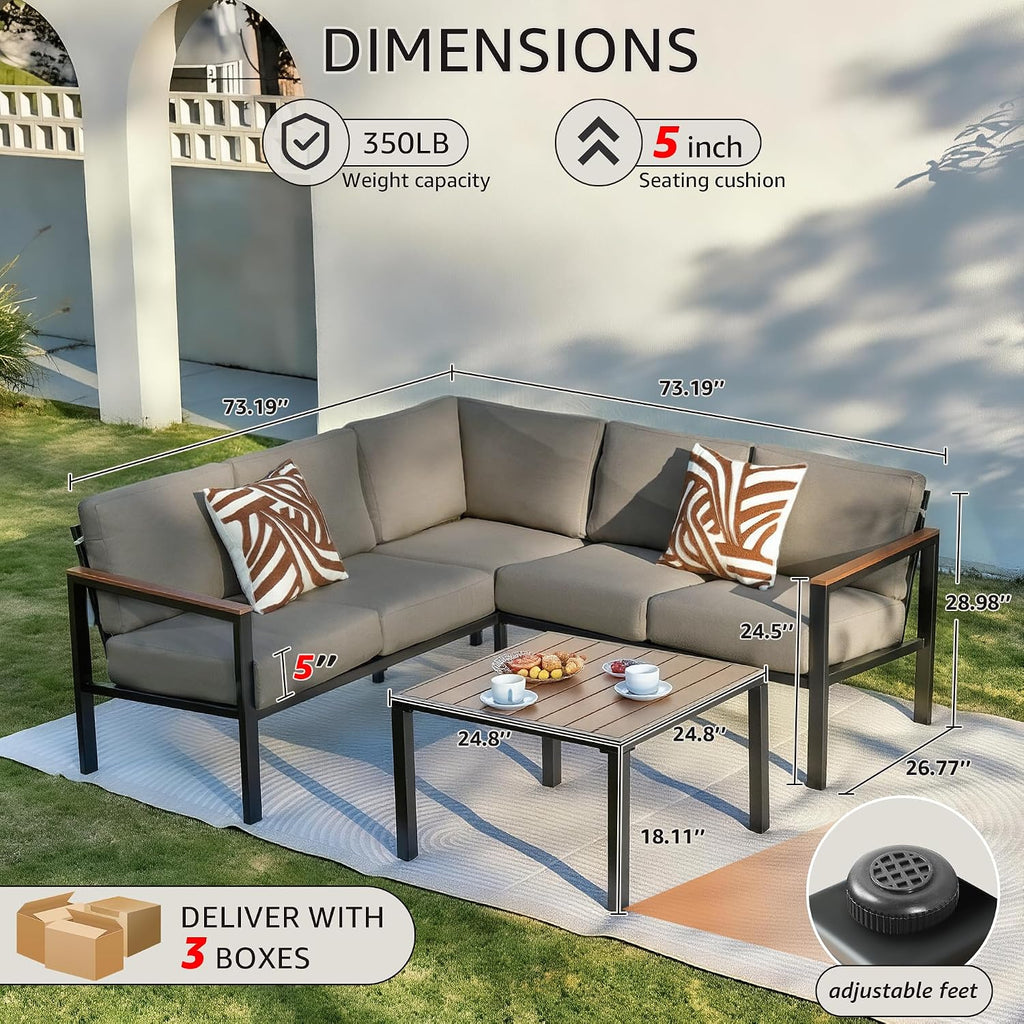 NATURAL EXPRESSIONS 6 Pieces Patio Furniture Set, Outdoor Couch with Thick Olefin Cushions, Fauxwood Armrest and Tabletop, Ergonomic Highback, Sectional Outdoor Furniture for Backyard, Deck Shale