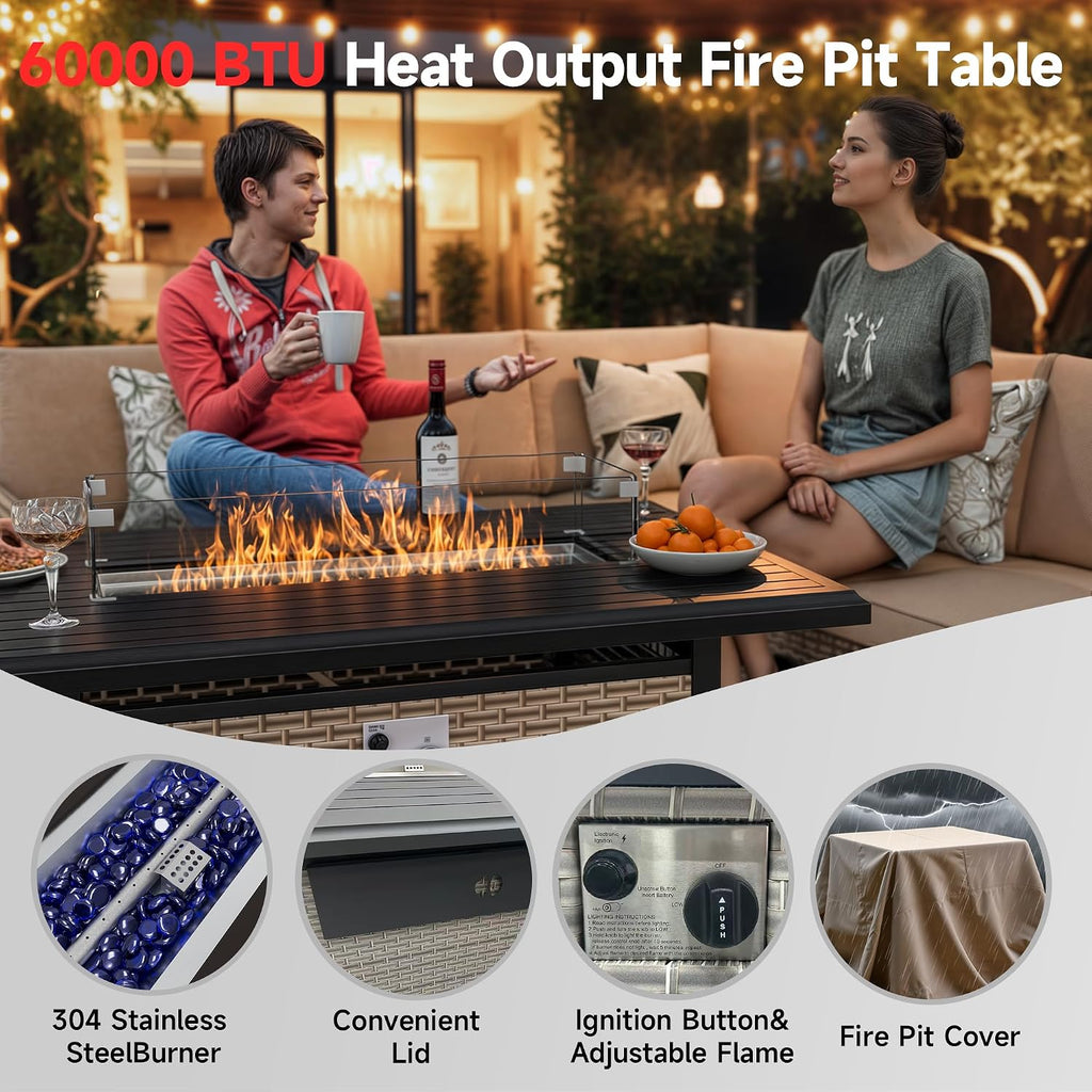 10 Pieces Patio Furniture Set with Fire Pit Table, Outdoor Sectional Wicker Sofa with Thick Cushions, High Back Swivel Rocker Patio Chairs, Rattan Conversation Set with Coffee Table, Grey