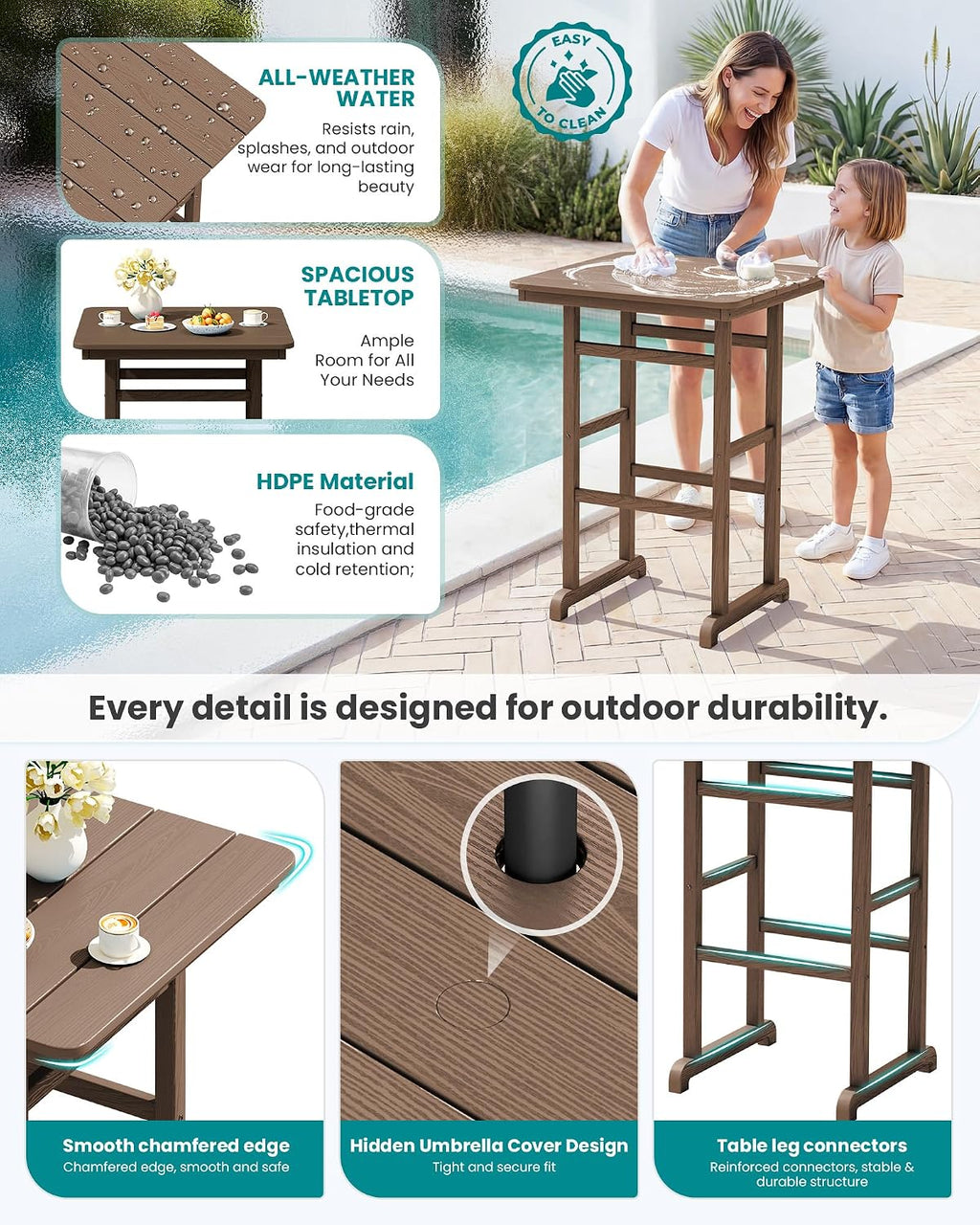 SERWALL 5 Pieces Adirondack Bar Chairs Set with Bar Table, HDPE Outdoor Barstool Set, Brown