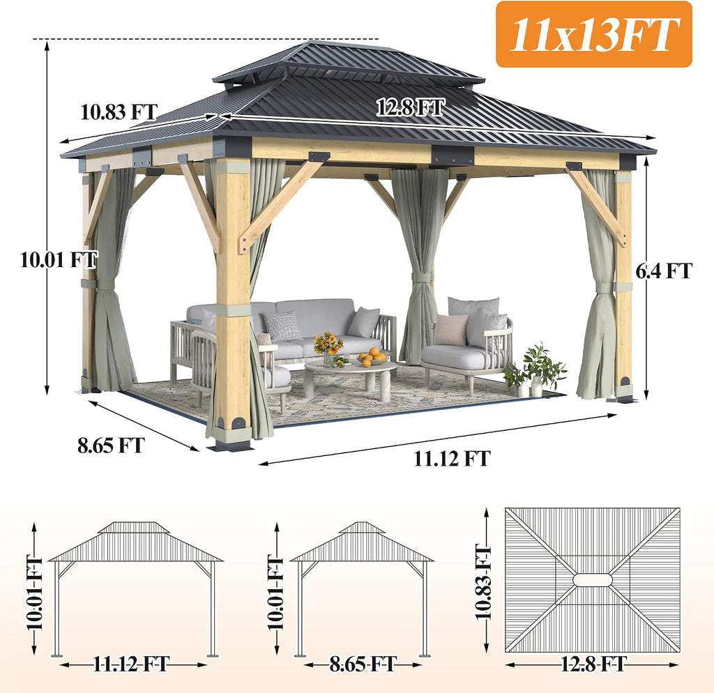GARTOO 11'x13' Outdoor Patio Wooden Gazebo - Patio Galvanized Steel Hardtop Pavilion with Double Curtains, Vented Wood Gazebo for Garden, Porch, Poolside, Lawn, Backyard