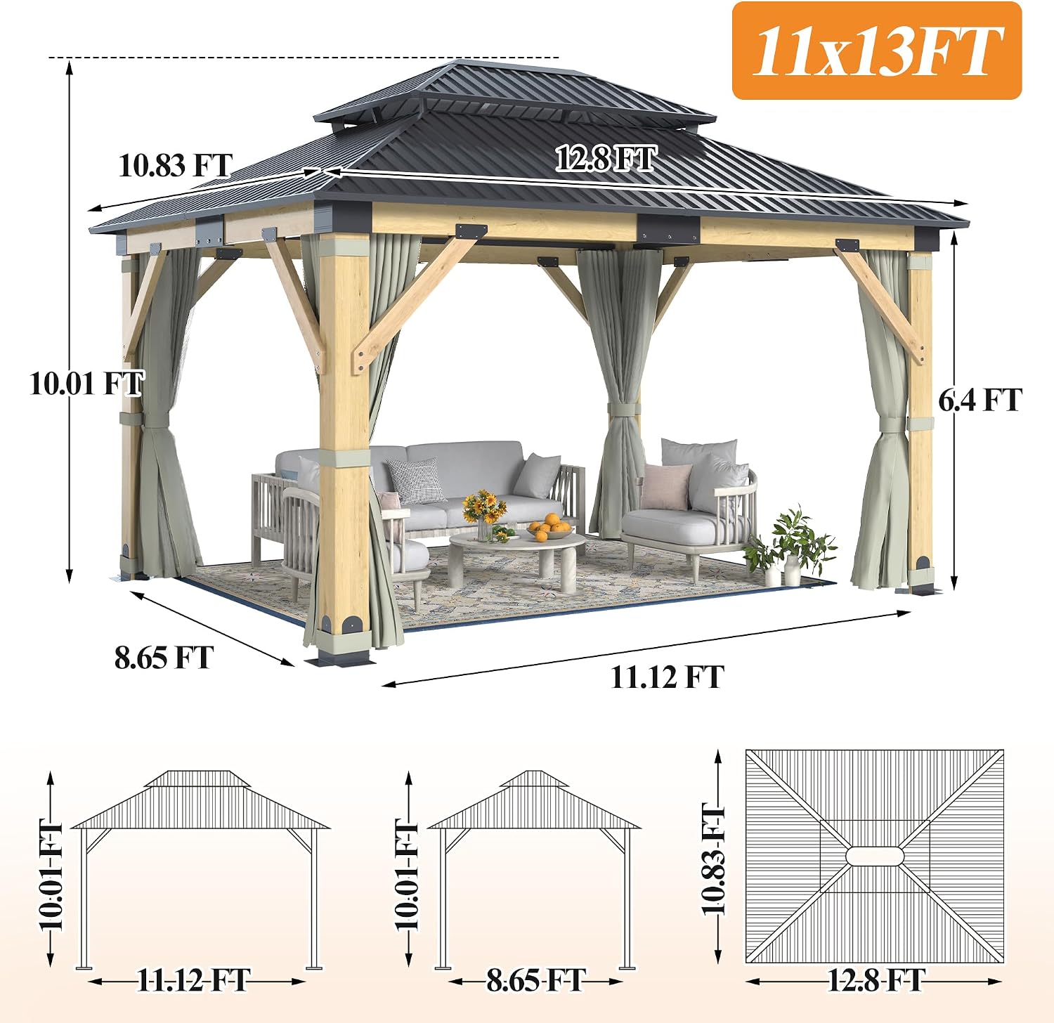 GARTOO 11'x13' Outdoor Patio Wooden Gazebo - Patio Galvanized Steel Hardtop Pavilion with Double Curtains, Vented Wood Gazebo for Garden, Porch, Poolside, Lawn, Backyard