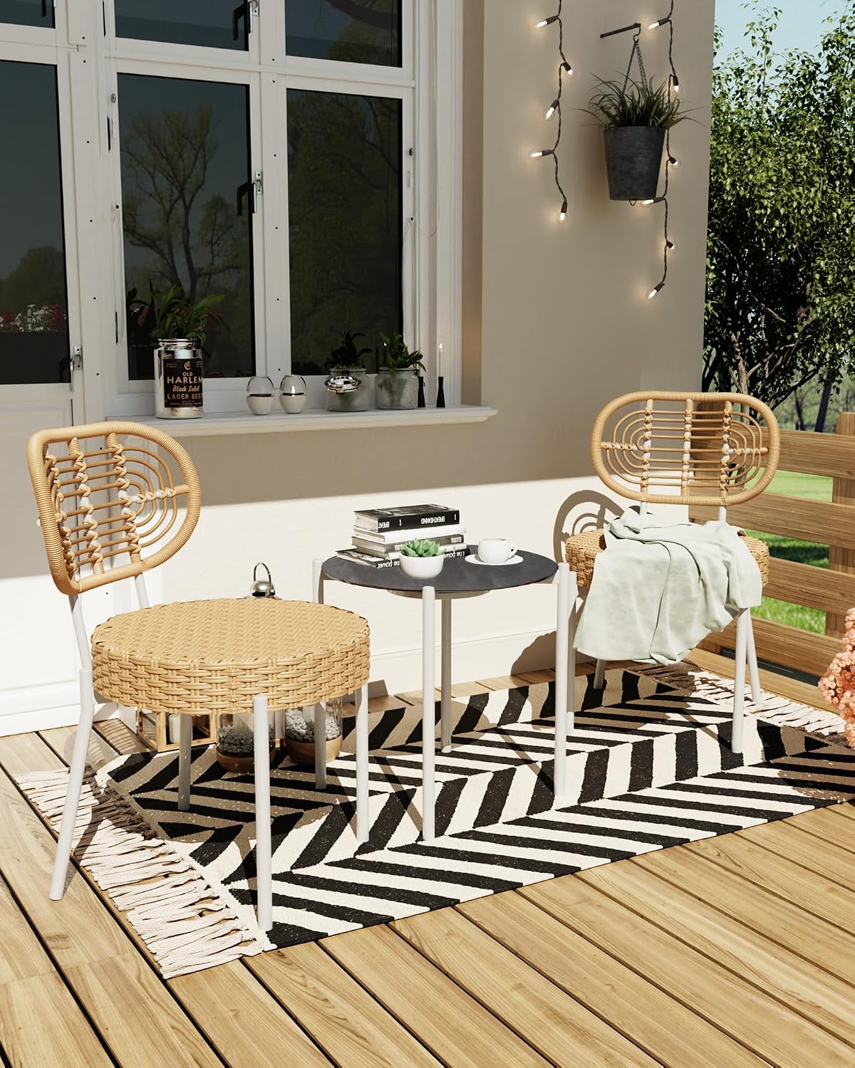 3 Piece Wicker Patio Bistro Furniture Set, Outdoor Dining Chairs, Includes 2 Rattan Chairs and Tempered Glass Table, for Garden, Backyard, Balcony, Apartment, White & Brown
