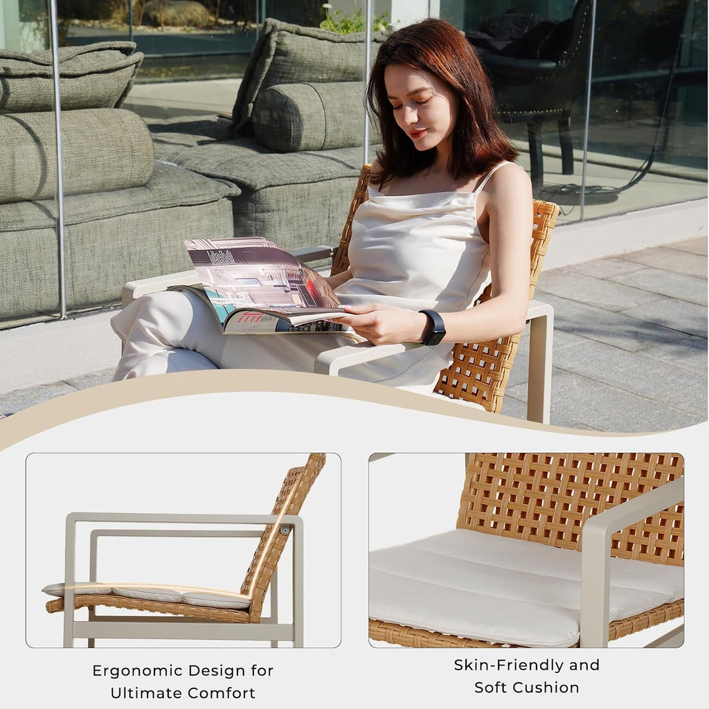 Grand patio Outdoor Furniture Set, 4-piece Wicker Patio Furniture Set with Beige Cushions, Modern Metal Conversation Loveseat Chairs with Glass Top Coffee Table for Porch Deck Backyard Balcony
