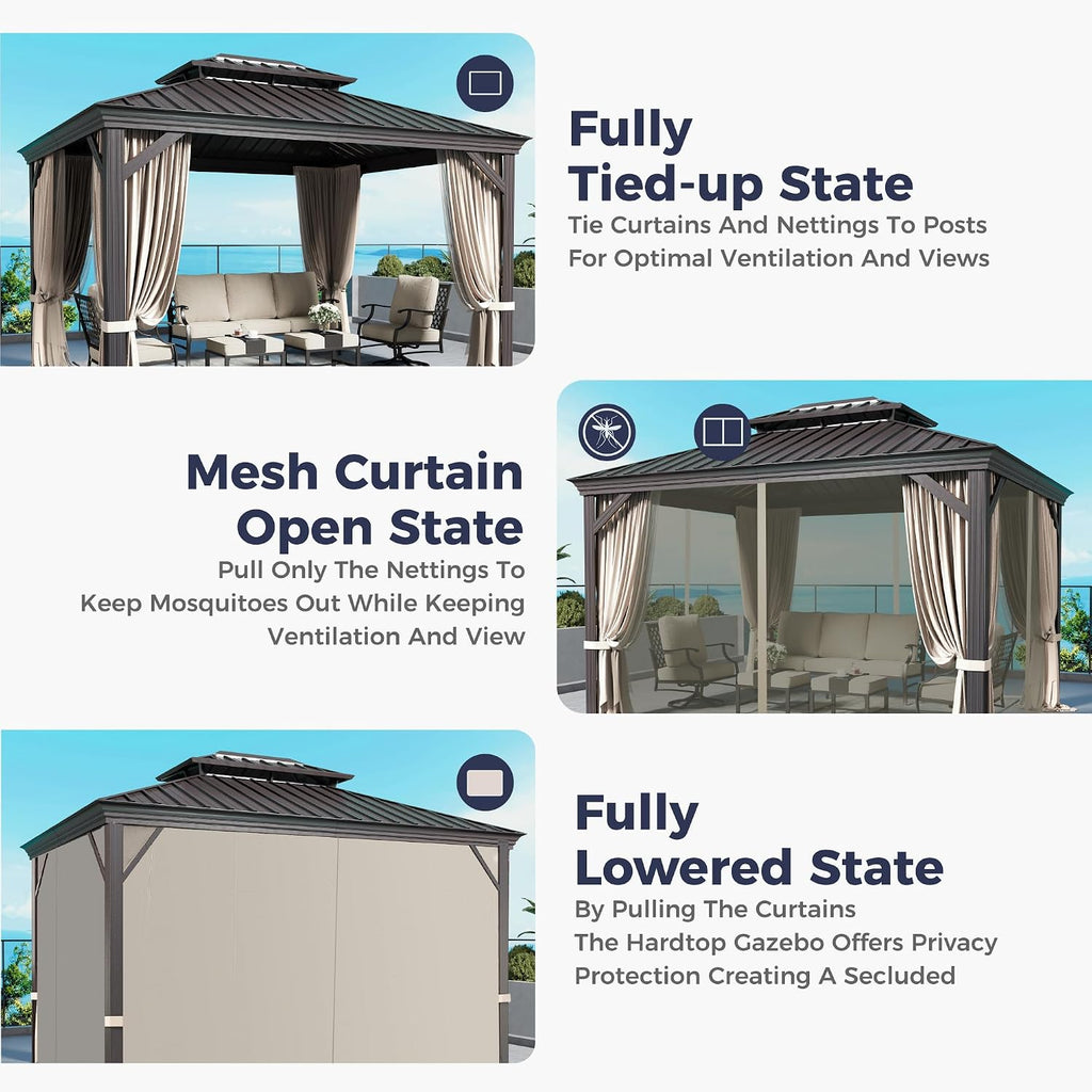 SUNSHINE VALLEY 10'x12' Hardtop Gazebo, Permanent Aluminum Outdoor Gazebo with Galvanized Steel Double Roof & Gutter System, Heavy Duty Patio Pavilion Canopy with Netting and Curtains for Deck, Garden
