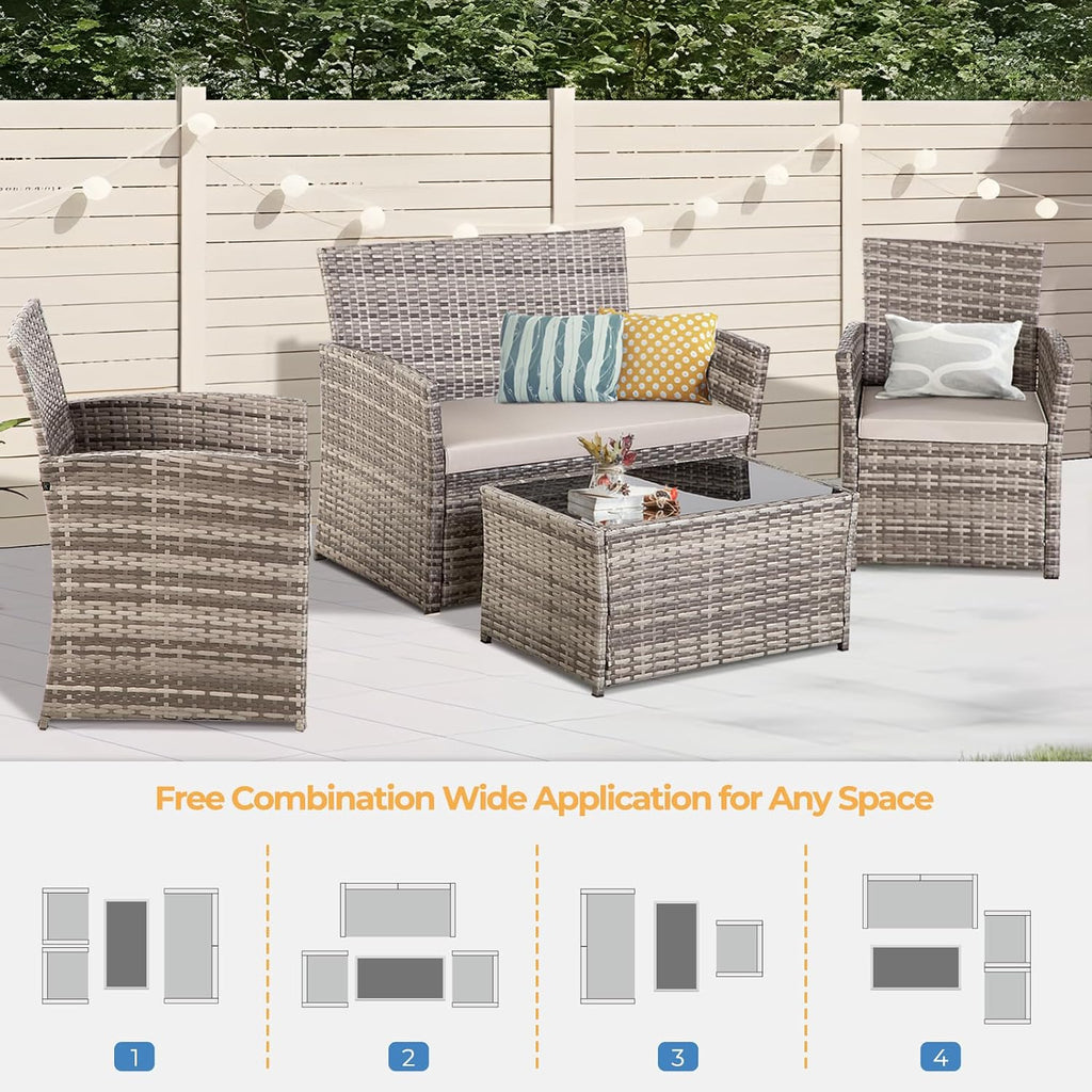 FHFO 4 Piece Outdoor Patio Furniture Sets, Wicker Sectional Conversation Sofa Set, Rattan Table and Chairs and Loveseat with Cushions for Outside Balcony Porch Backyard (Gray-Gray)