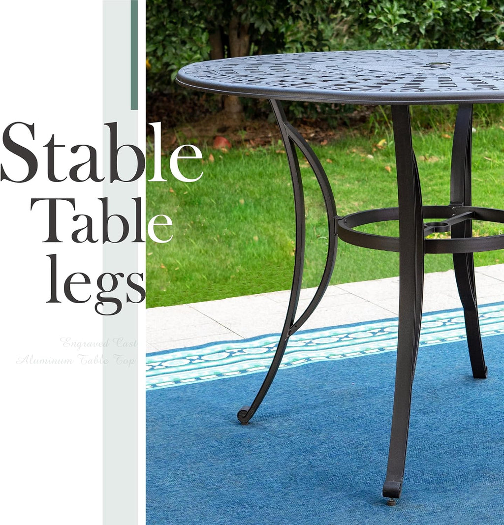 PHI VILLA Cast Aluminum Round High Bar Dining Tables for 6 Person, 54' Dia Engraved Cast-Top Aluminum Table with 2.1' Umbrella Hole, Patio Bar Height Table for Lawn Garden