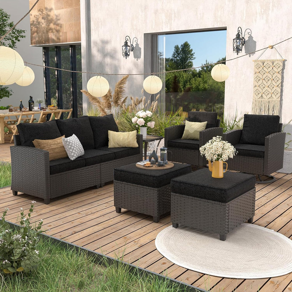 UDPATIO Patio Furniture Set, 6 Pieces Outdoor Sectional Couch with Swivel Rocking Chair, Gray Wicker Rattan Sofa with Side Table, 4' Thick Cushion for Garden Backyard Deck,Black