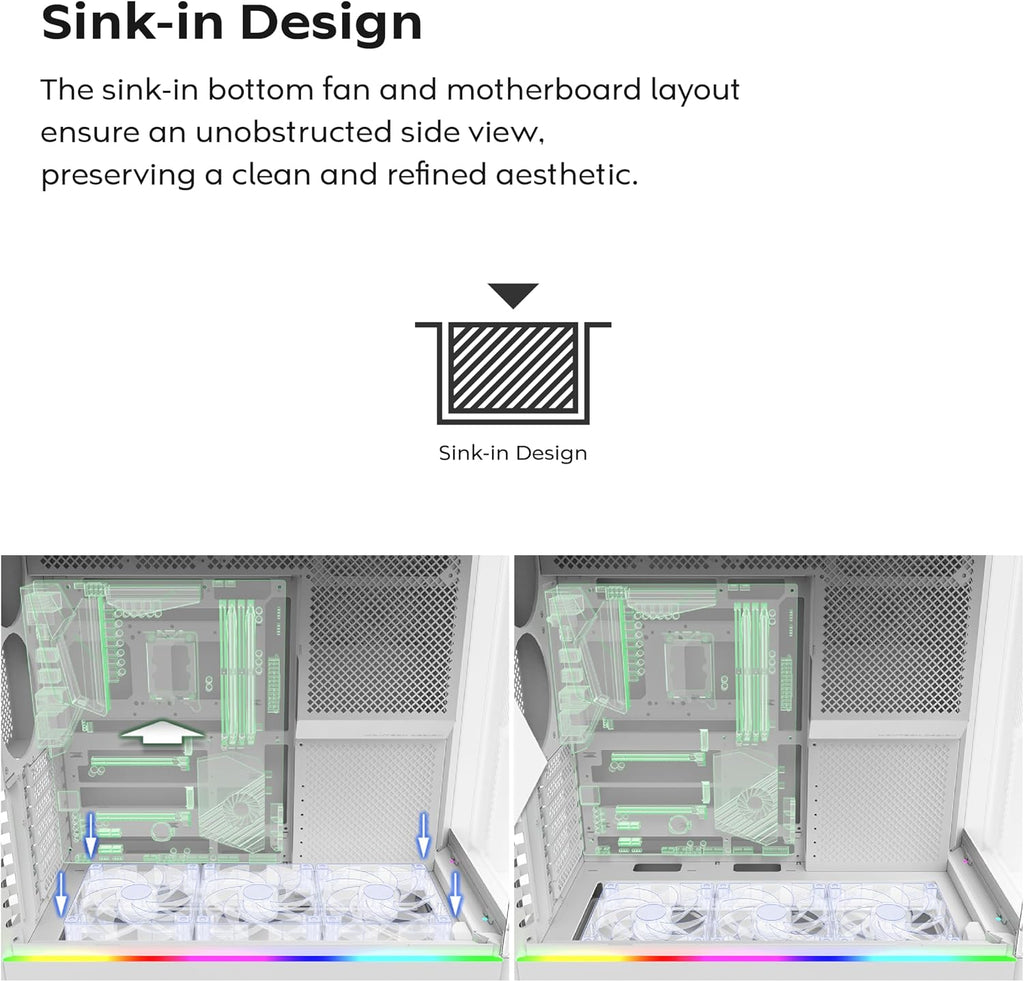 MONTECH HS02, ATX Mid-Tower PC Case, Gaming PC, High-Airflow, Reversible Layout, Sturdy Curved Tempered Glass Front Panel, Sink-in Design, Toolless Panels, White, US
