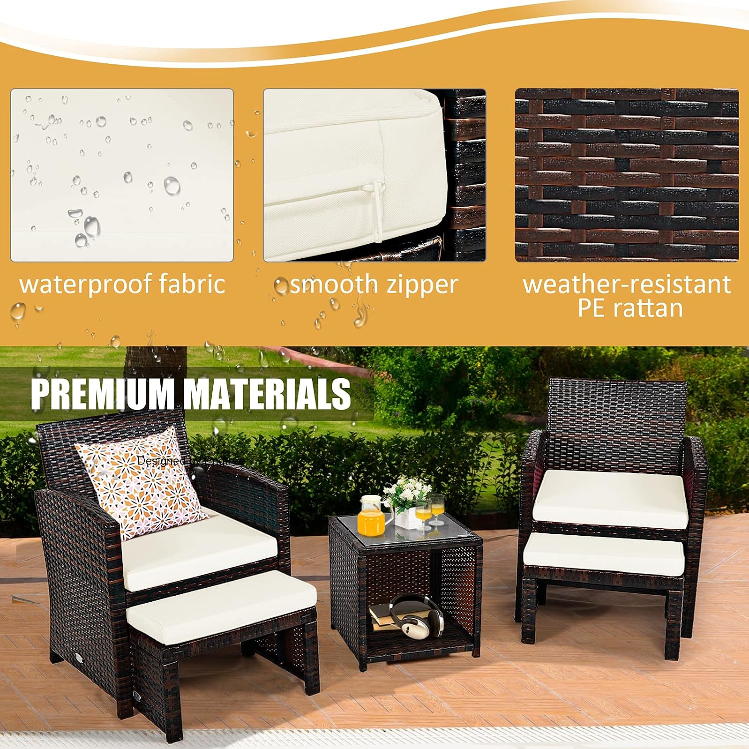 Tangkula 5 Pieces Wicker Patio Conversation Set, PE Rattan Outdoor Chairs & Ottomans Set with Single-Door Storage Coffee Table, Space-Saving Patio Furniture for Poolside, Backyard, Lawn, Deck (White)