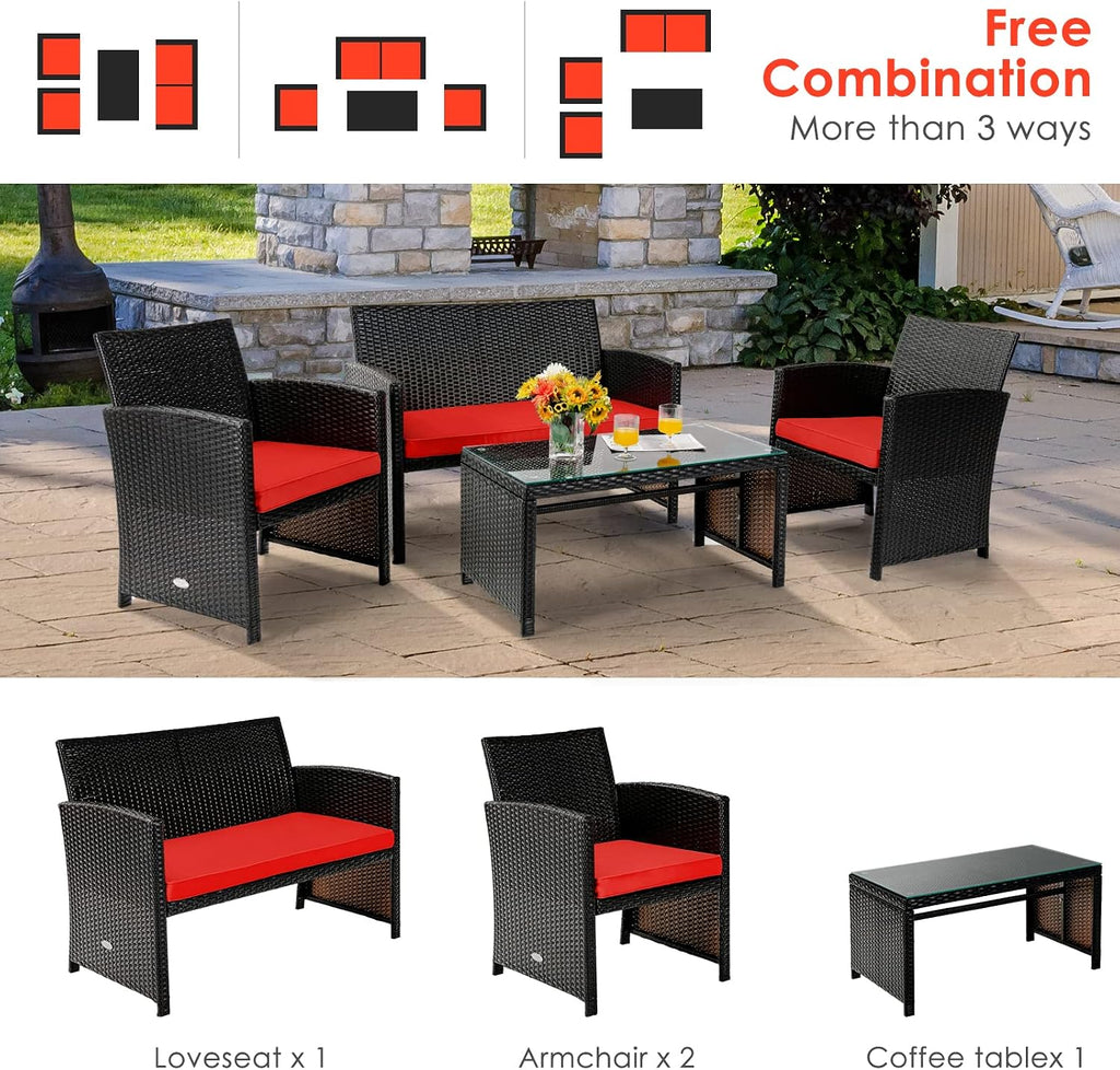 COSTWAY 4 Piece Patio Furniture Set, Outdoor PE Rattan Wicker Sectional Sofa with Cushion and Coffee Table, Patio Conversation Sets for Balcony Lawn Porch Patio Backyard Garden Poolside, Red