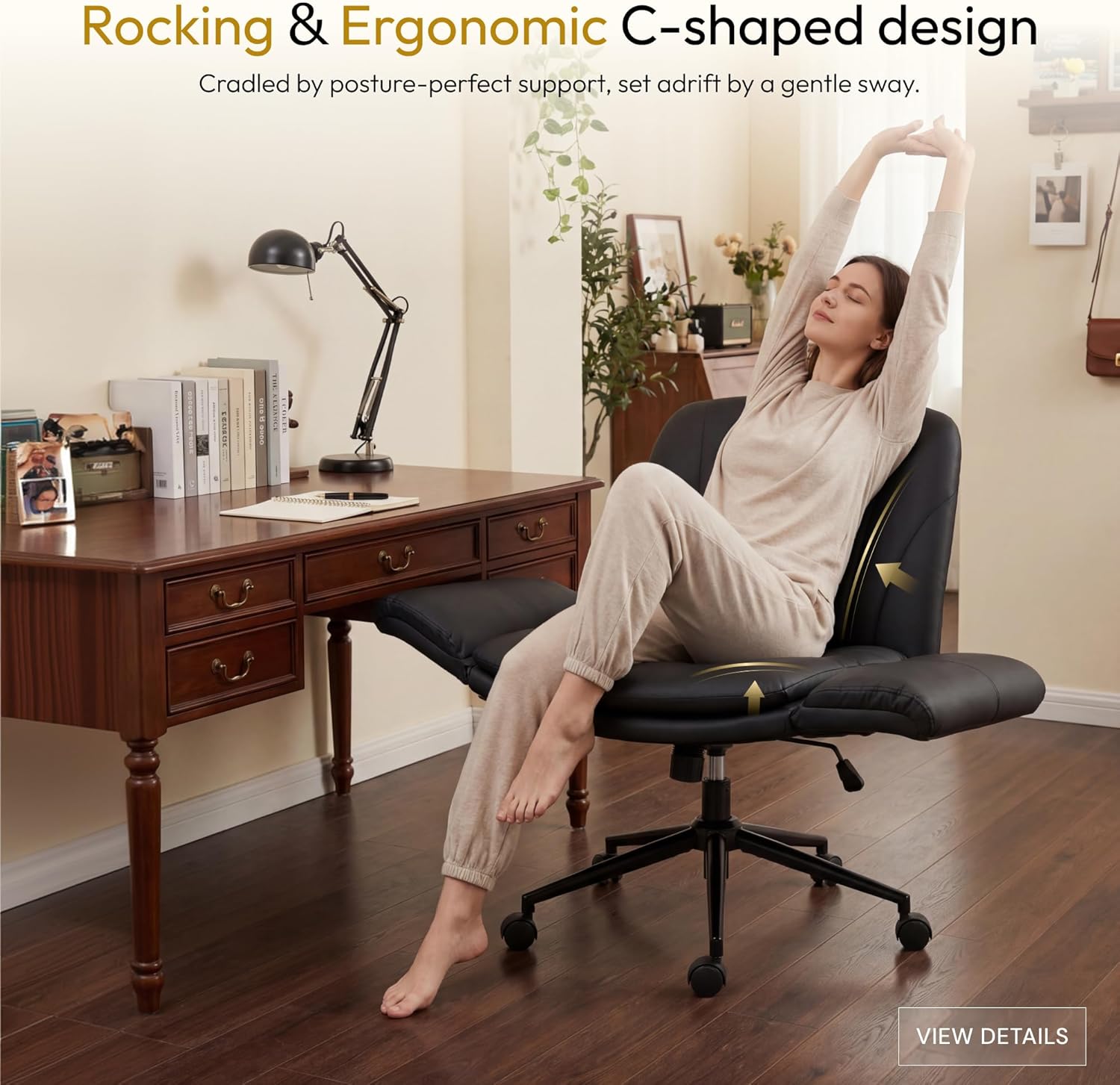 Dowinx Criss Cross Chair with Five-Level Adjustable Arms and Wheels - Comfortable Ergonomic PU Leather Swivel Vanity Chair - Computer Makeup Gaming Chair for Home Office, Bedroom, Living Room (Black)