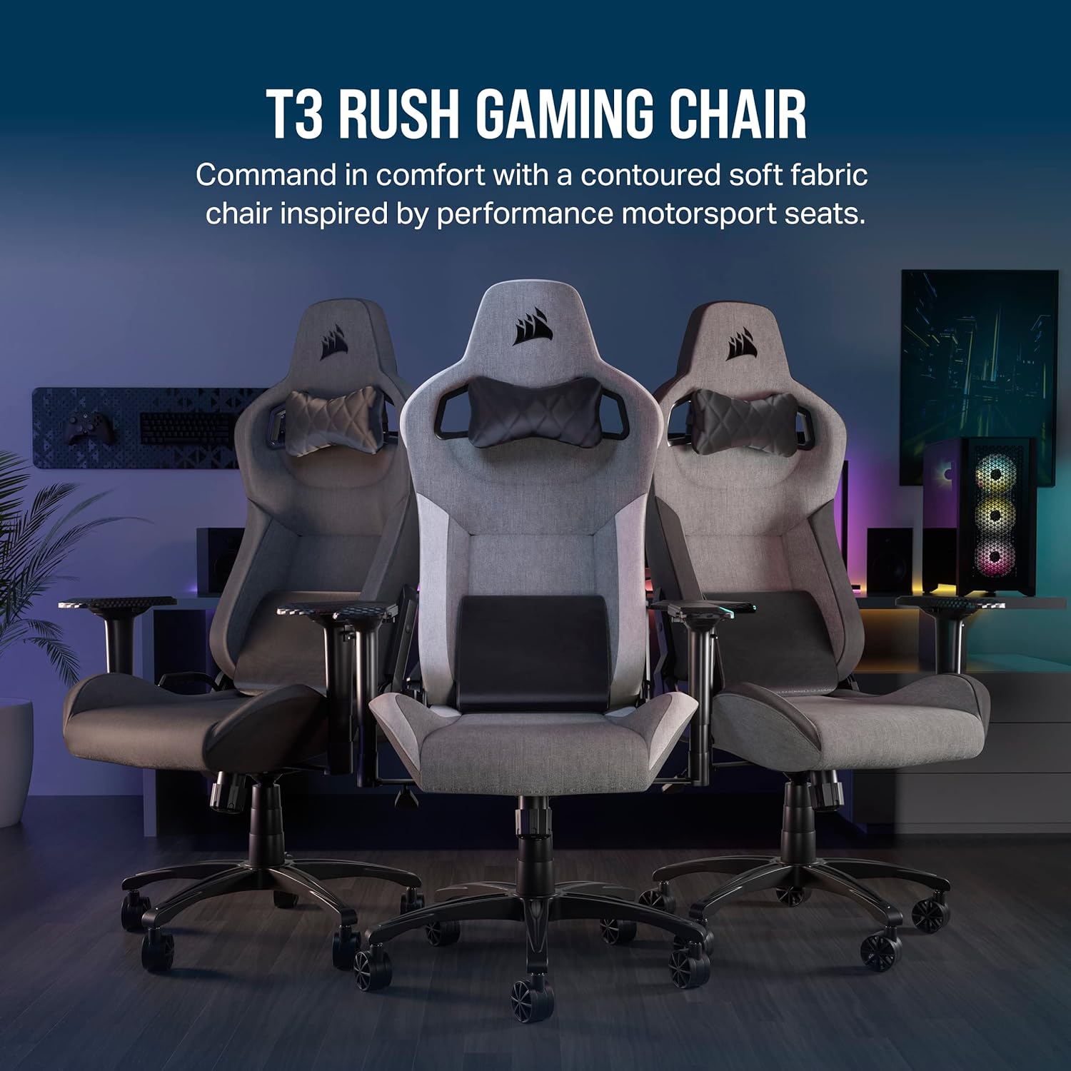 Corsair T3 Rush Fabric Gaming Chair (2023) – Racing-Inspired Design – Soft Fabric Exterior – Padded Neck Cushion – Memory Foam Lumbar Support – Adjustable Seat Height – Gray and Charcoal