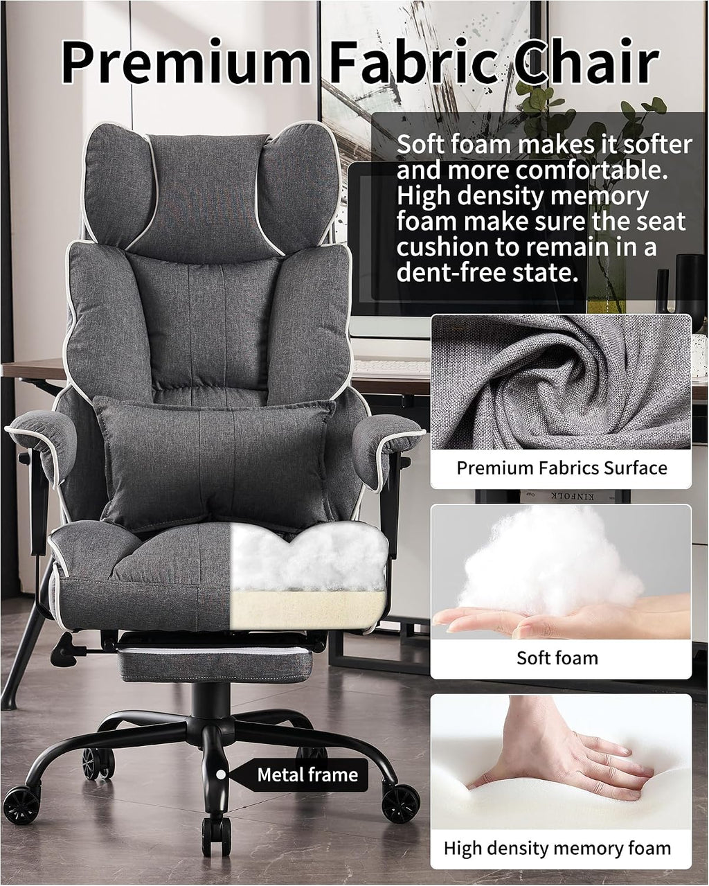 Efomao Fabric Office Chair, Big and Tall Office Chair 400 lb Weight Capacity, High Back Executive Office Chair with Foot Rest, Ergonomic Office Chair for Back Pain Relief, Gray