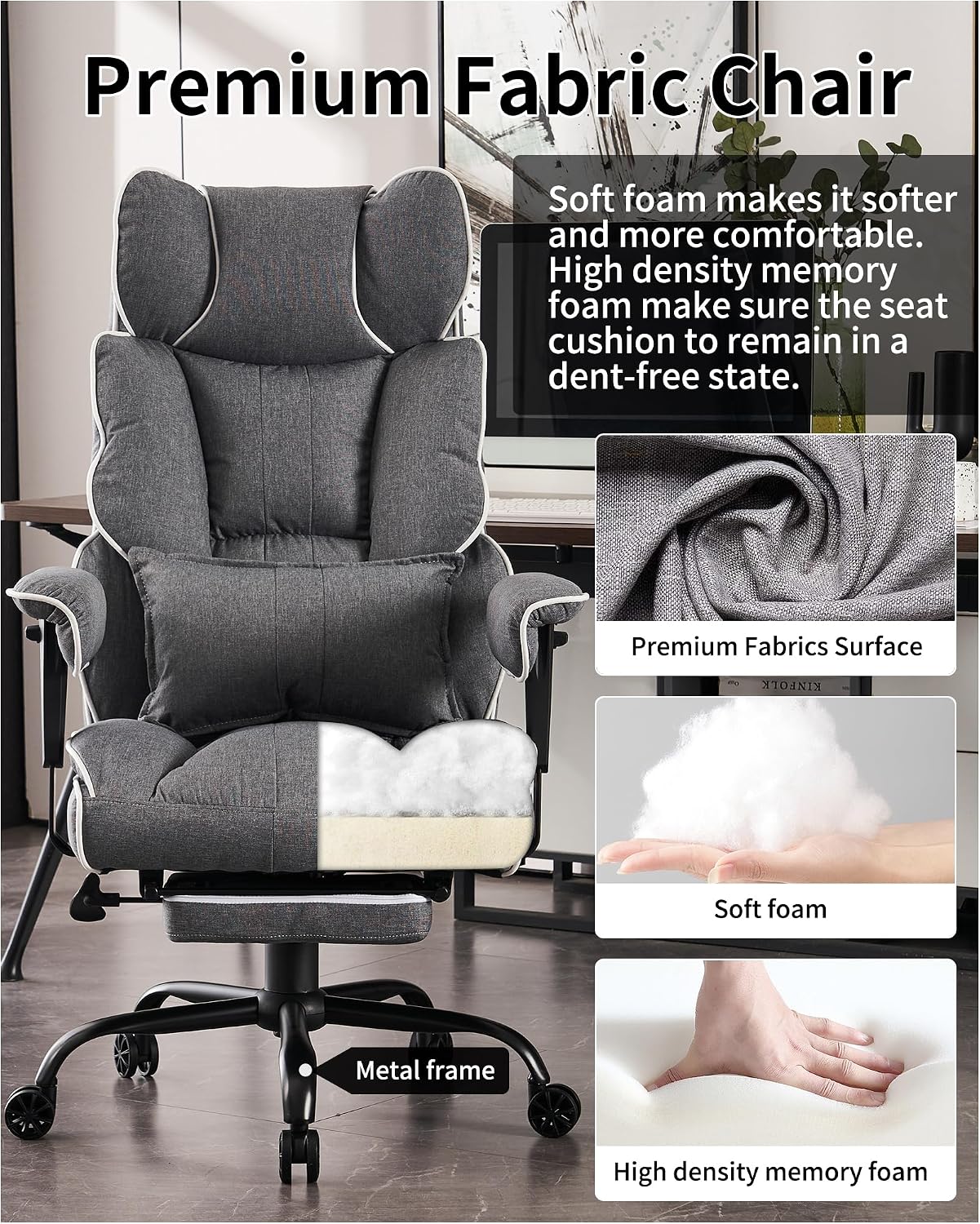 Efomao Fabric Office Chair, Big and Tall Office Chair 400 lb Weight Capacity, High Back Executive Office Chair with Foot Rest, Ergonomic Office Chair for Back Pain Relief, Gray