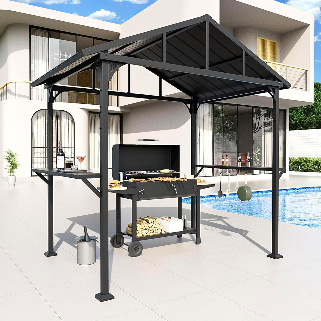 Gotland 8' x 5' Grill Gazebo, Outdoor Metal BBQ Gazebo with Triangular Structure Roof & Drainage Holes, Grill Canopy with 2 Side Shelves, for Deck Lawn Backyard